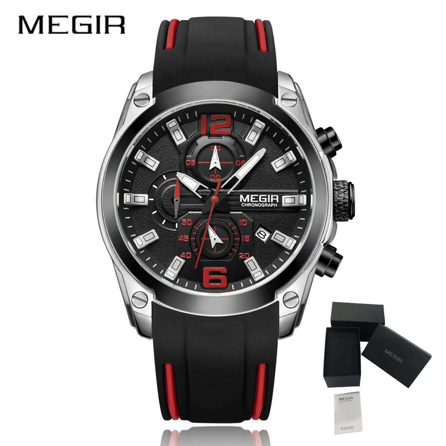 MEGIR Sport Watch Silicone Strap Chronograph Men Quartz Military Watch Waterproof Wrist Watches Relogio Masculino Man Clock, Color: MN2063GS-BK-1