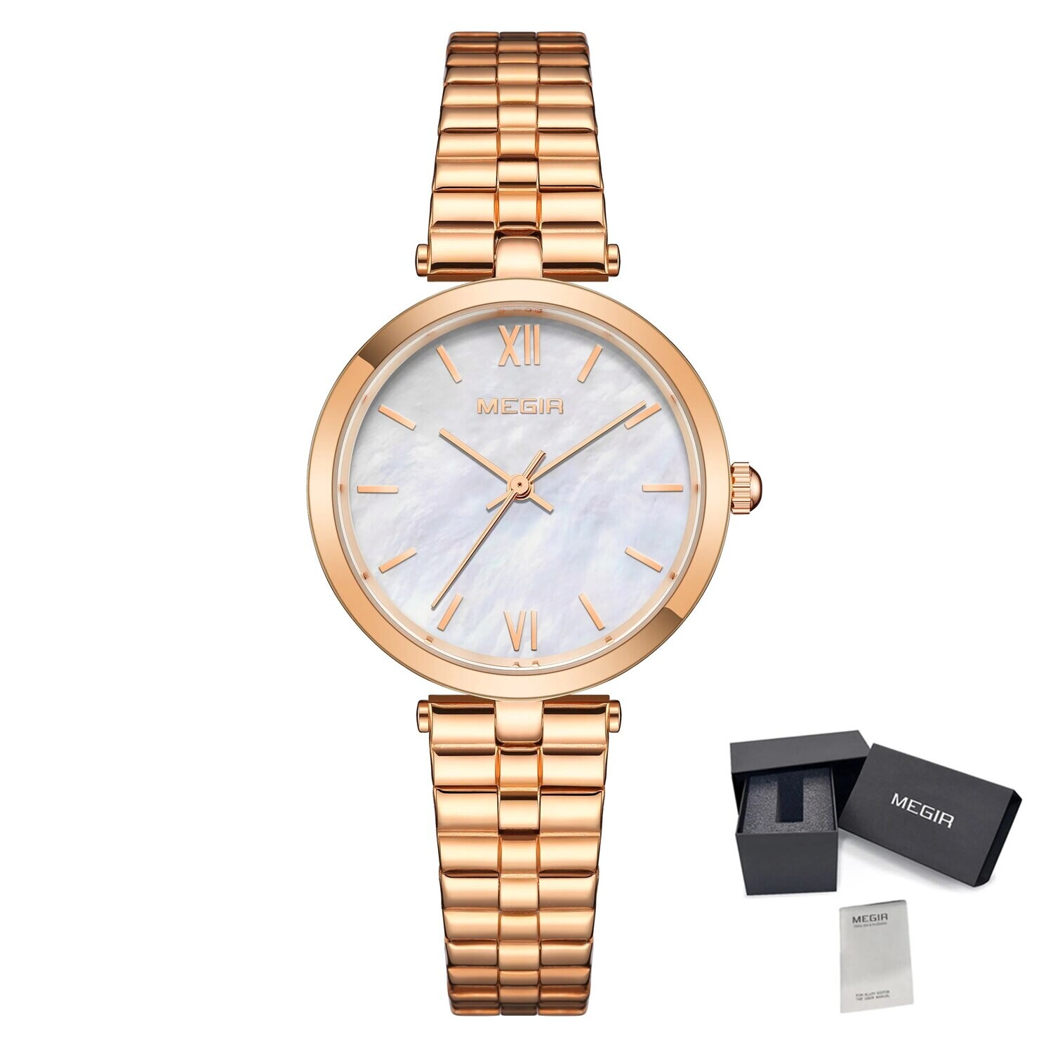 MEGIR Ladies Bracelet Watches Fashion Luxury Women&#39;s Casual Wrist Watch Steel Quartz Watch Dress Female Clock Reloj Mujer 85112, Color: Rose