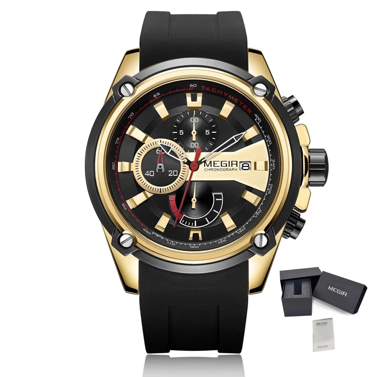 MEGIR Reloj Hombre Original Luxury Chronograph Men Sport Silicone Date Quartz Watches Waterproof Wristwatch Relogio Masculino, Color: Gold