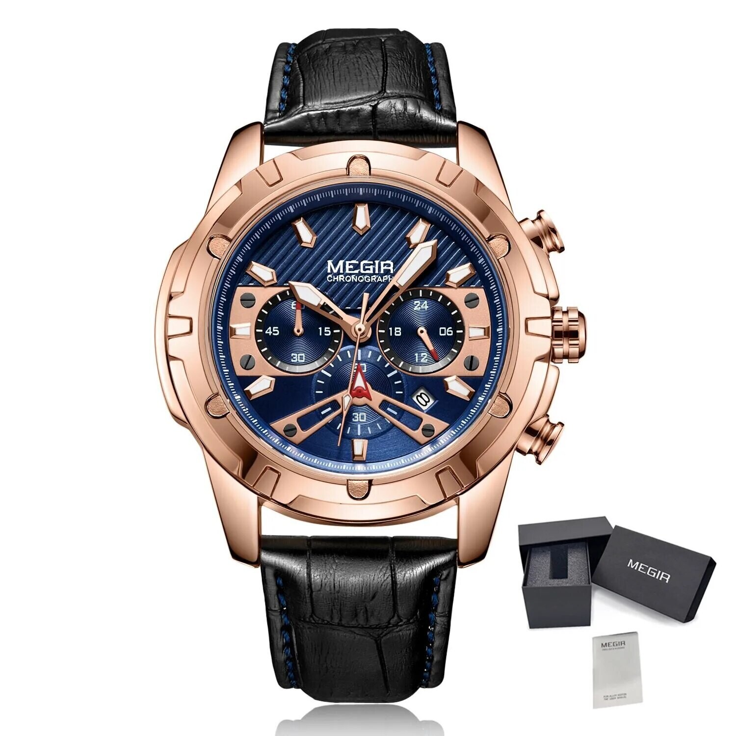 MEGIR Sport Watches for Men Fashion Luxury Military Quartz Wristwatch Leather Waterproof Man Chronograph Clock Relogio Masculino, Color: Rose Black