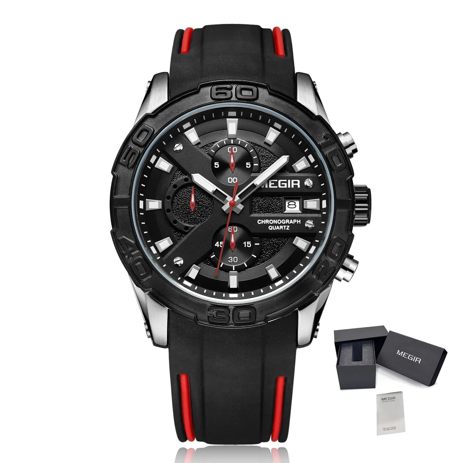 MEGIR Fashion Sport Watches for Men Top Brand Military Quartz Wristwatch Calendar Male Clock Chronograph Montre Homme 2055, Color: Silver Black