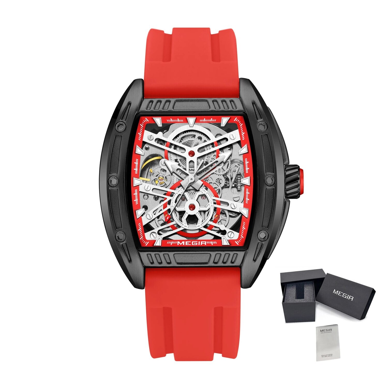 MEGIR Original Luxury Sport Watch for Men Silicone Band Automatic Mechanical Movement WristWatches Luminous Clock Reloj Hombre, Color: Black Red