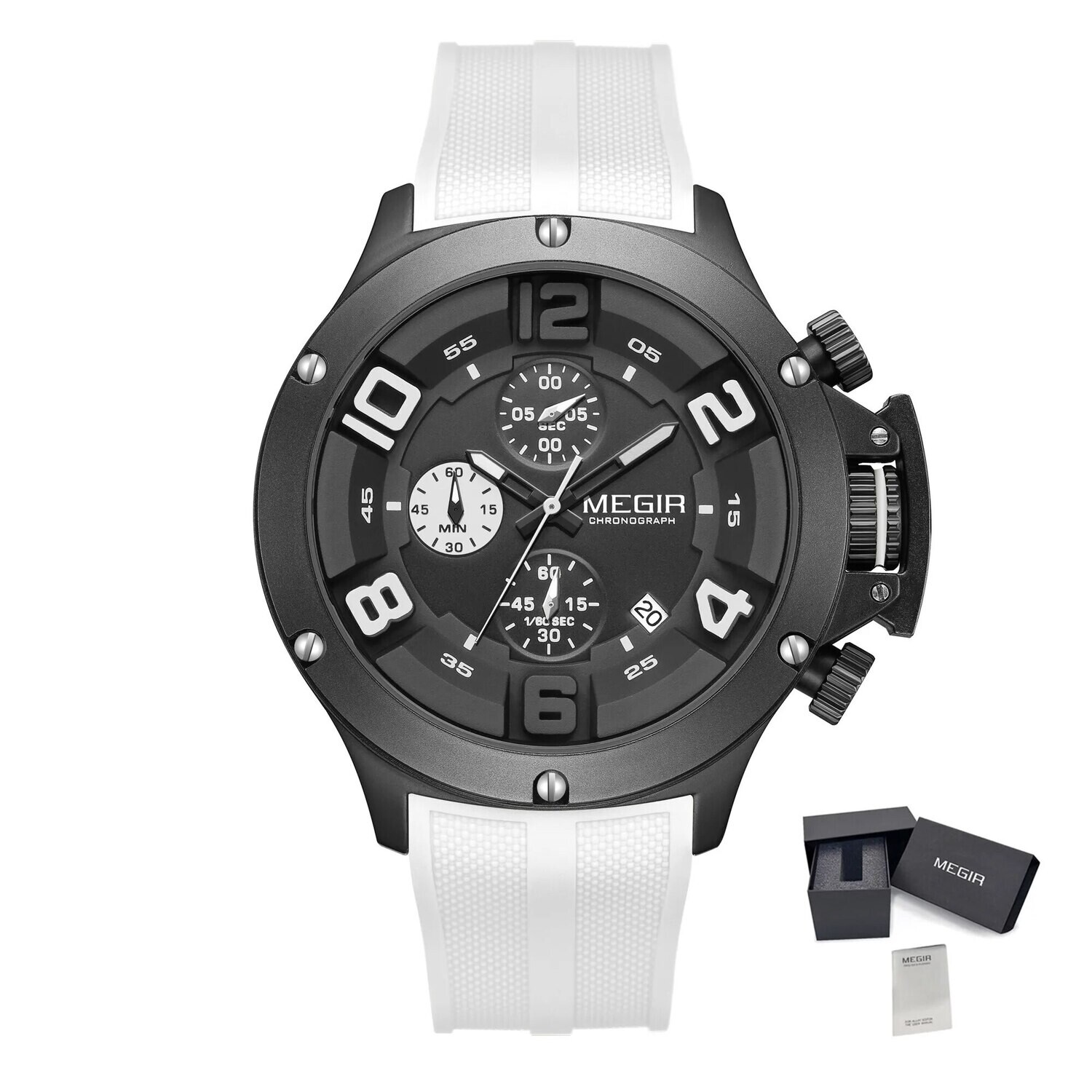 MEGIR Relogio Masculino Luxury Quartz Watch for Men Yellow Silicone Strap Military Sport WristWatch Chronograph with Auto Date, Color: Black White