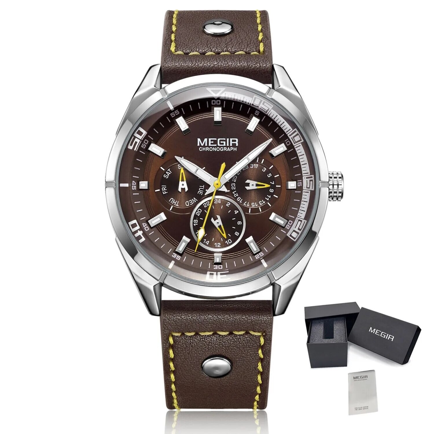 MEGIR Brand Quartz Men Watch Relogio Masculino Leather Strap Military Business Wrist Watches Men Clock Hour Time Man Chronograph, Color: Silver Brown