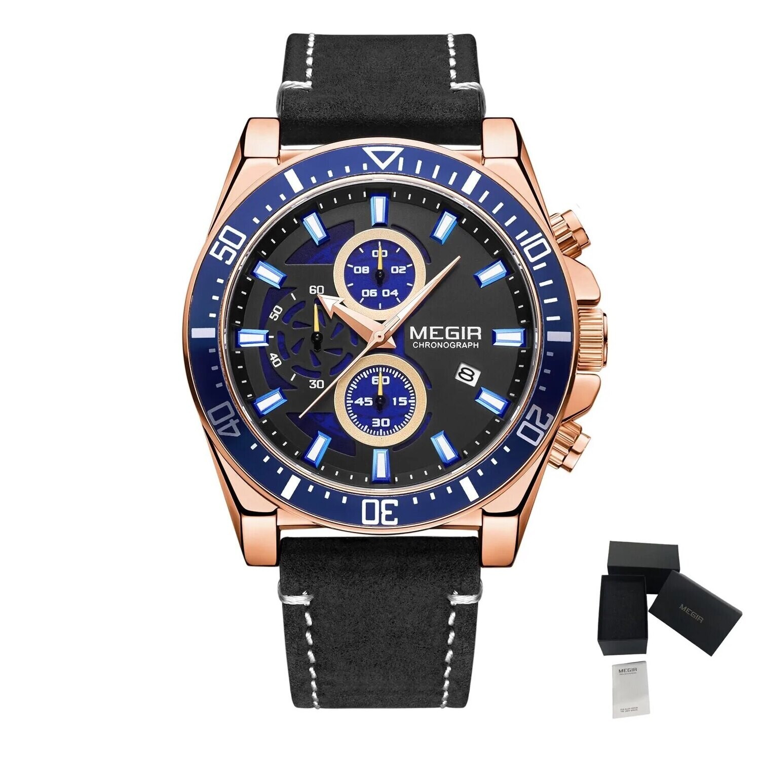 MEGIR Fashion Watches for Men Leather Strap Sport Military Wristwatch Man Quartz Watch Waterproof Chronograph with Calendar 2132, Color: Rose black