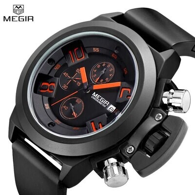 MEGIR Black Silicone Quartz Watch Luxury Sport Military Wrist Watches Men Waterproof Clock Chronograph Large Dial Montre Homme