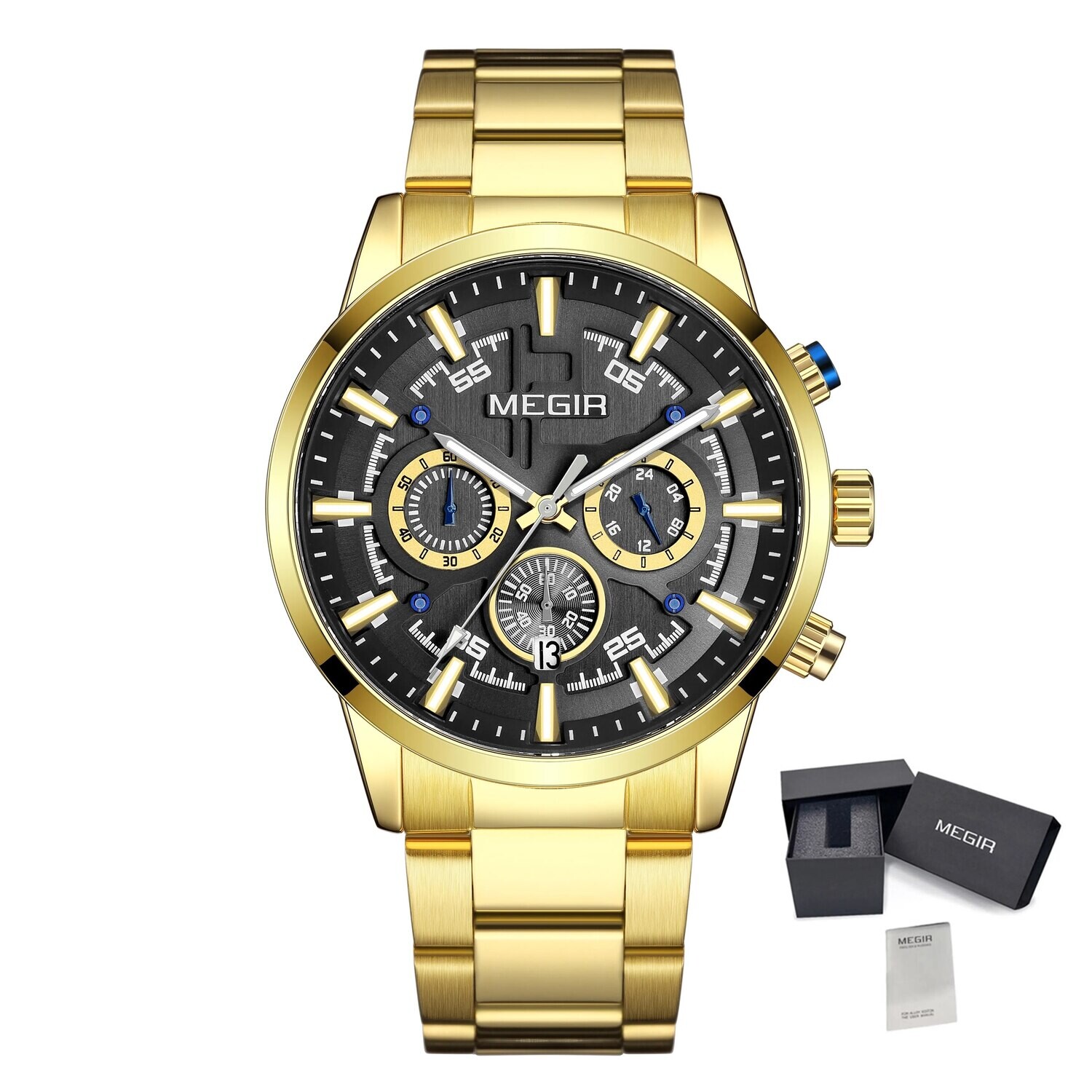 MEGIR Luxury Watch Mens Business Watches Calendar Stainless Steel Quartz Wrist Watch Clock Casual Chronograph Relogio Masculino, Color: Gold