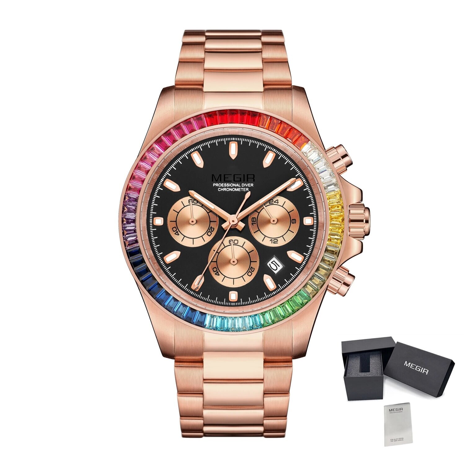 MEGIR Mens Watches Top Brand Luxury Business Wristwatches Stainless Steel Waterproof Date Quartz Chronograph Reloj Hombre 8410, Color: Rose