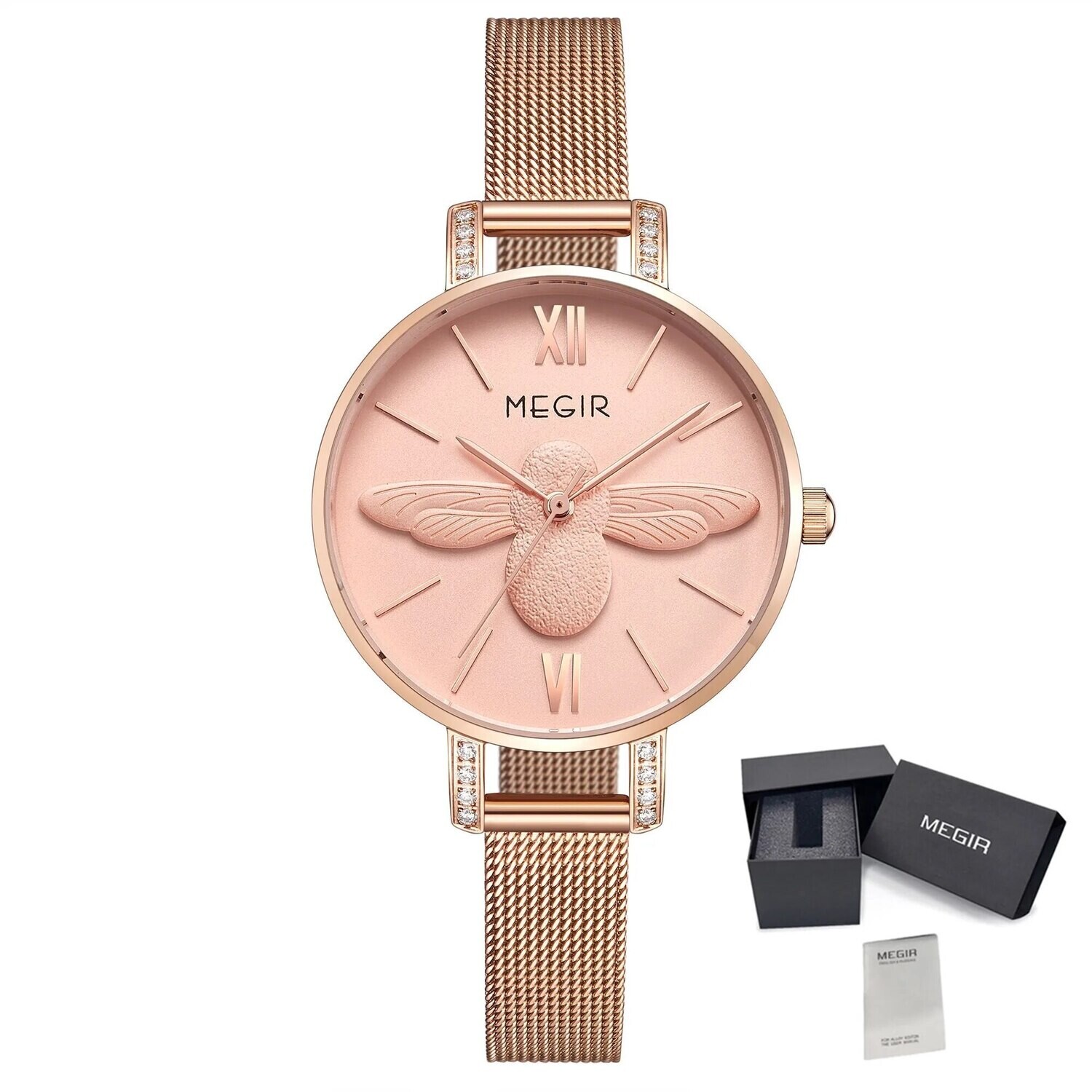 MEGIR Fashion Women Watches Top Brand Luxury Quartz Wristwatch Ladies Rose Gold Mesh Belt Business Casual Watch Reloj Mujer 7009, Color: Pink Rose
