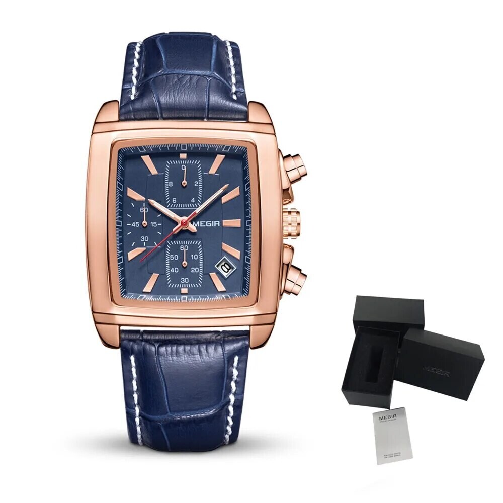 MEGIR Watch Men Business Wristwatch Rectangle Quartz Military Watches Waterproof Luminous Leather Casual Moda Clock Reloj Hombre, Color: Rose blue, Ships From: CHINA