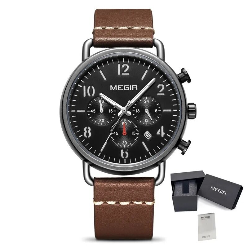 MEGIR Fashion Mens Watches Luxury Sport Quartz Wrist Watch Steel Mesh Business Casual Watches Calendar Leather Band Man Clock, Color: ML2158G-BKBN-1