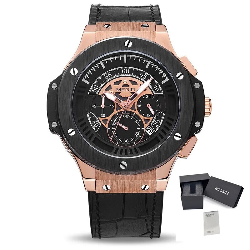 MEGIR Relogio Masculino Leather Strap Sport Watches Men Fashion Casual Quartz WristWatches Waterproof Male Clock Montre Homme, Color: Rose Black