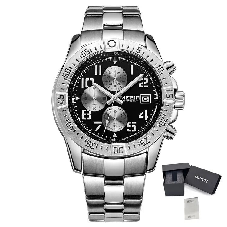 MEGIR Men&#39;s Business Quartz Watches Top Luxury Brand Casual Wristwatch Waterproof Date Clock Stainless Steel Man Chronograph, Color: Black Silver