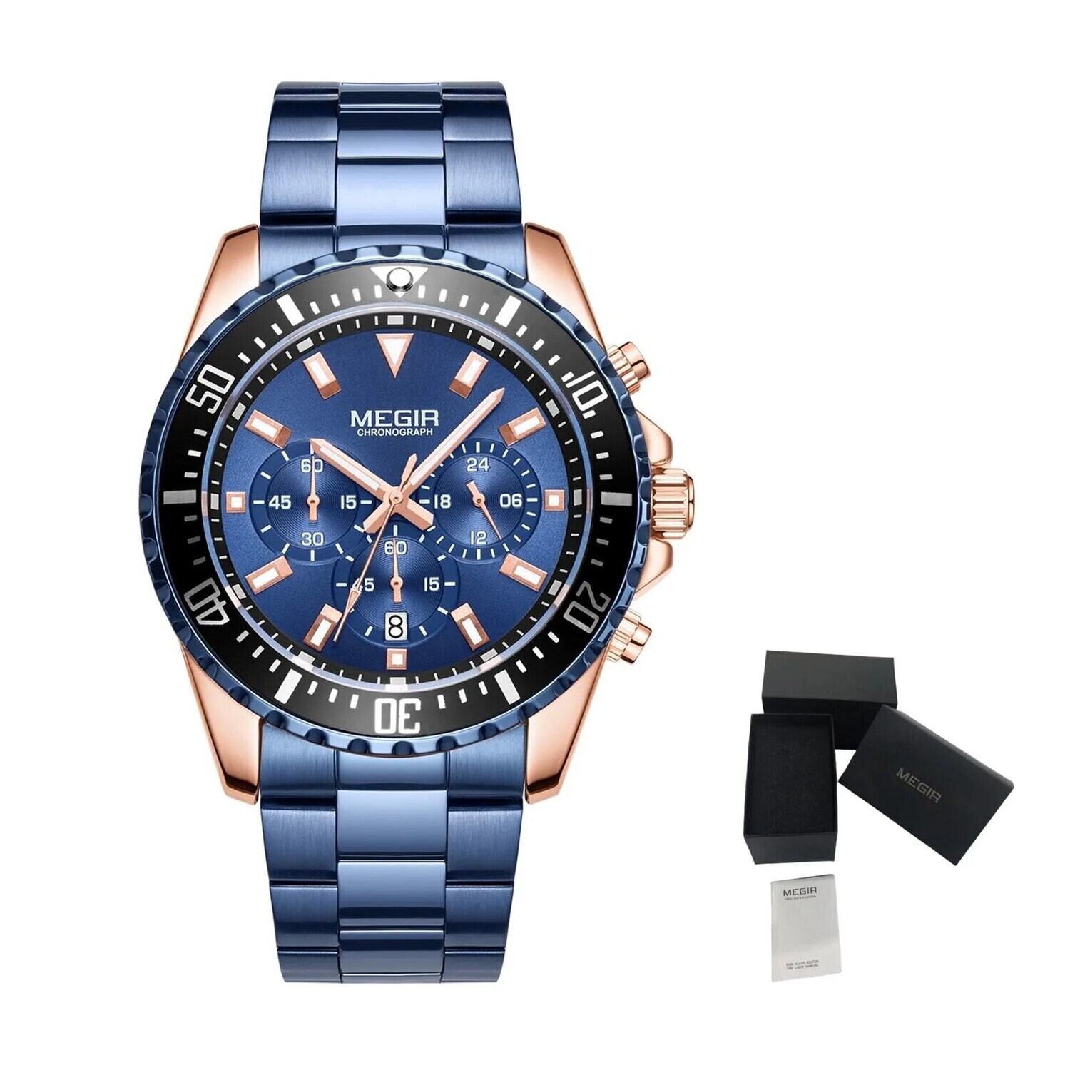 MEGIR Original Luxury Business Quartz Watch Men Brand Stainless Steel Chronograph Military WristWatch Clock Relogio Masculino, Color: Rose Blue, Ships From: CHINA