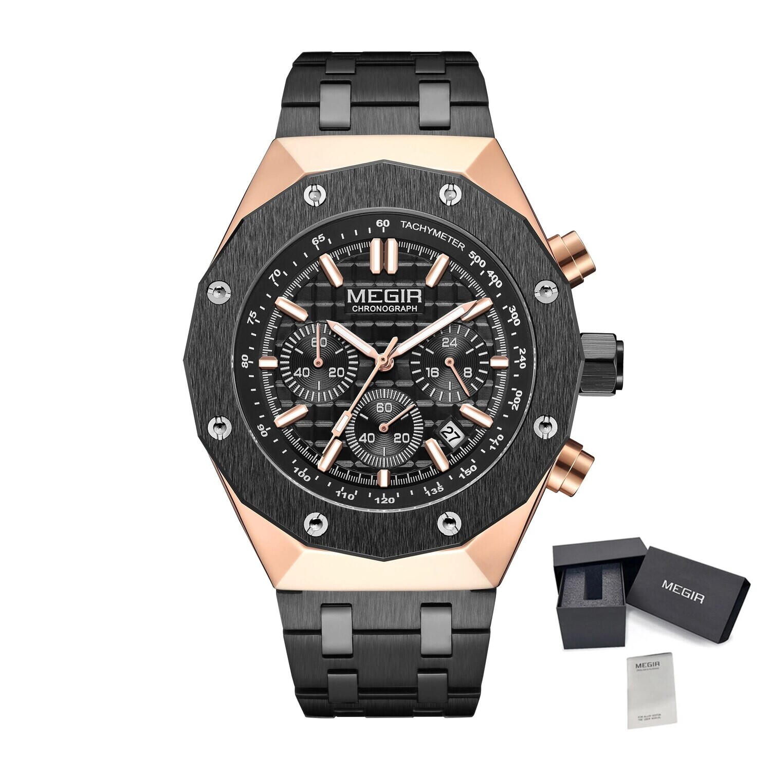 MEGIR Relogio Masculino Luxury Business Men Watches Fashion Military Watch Date Luminous Casual Quartz Wristwatch Man Clock 2213, Color: Rose Black