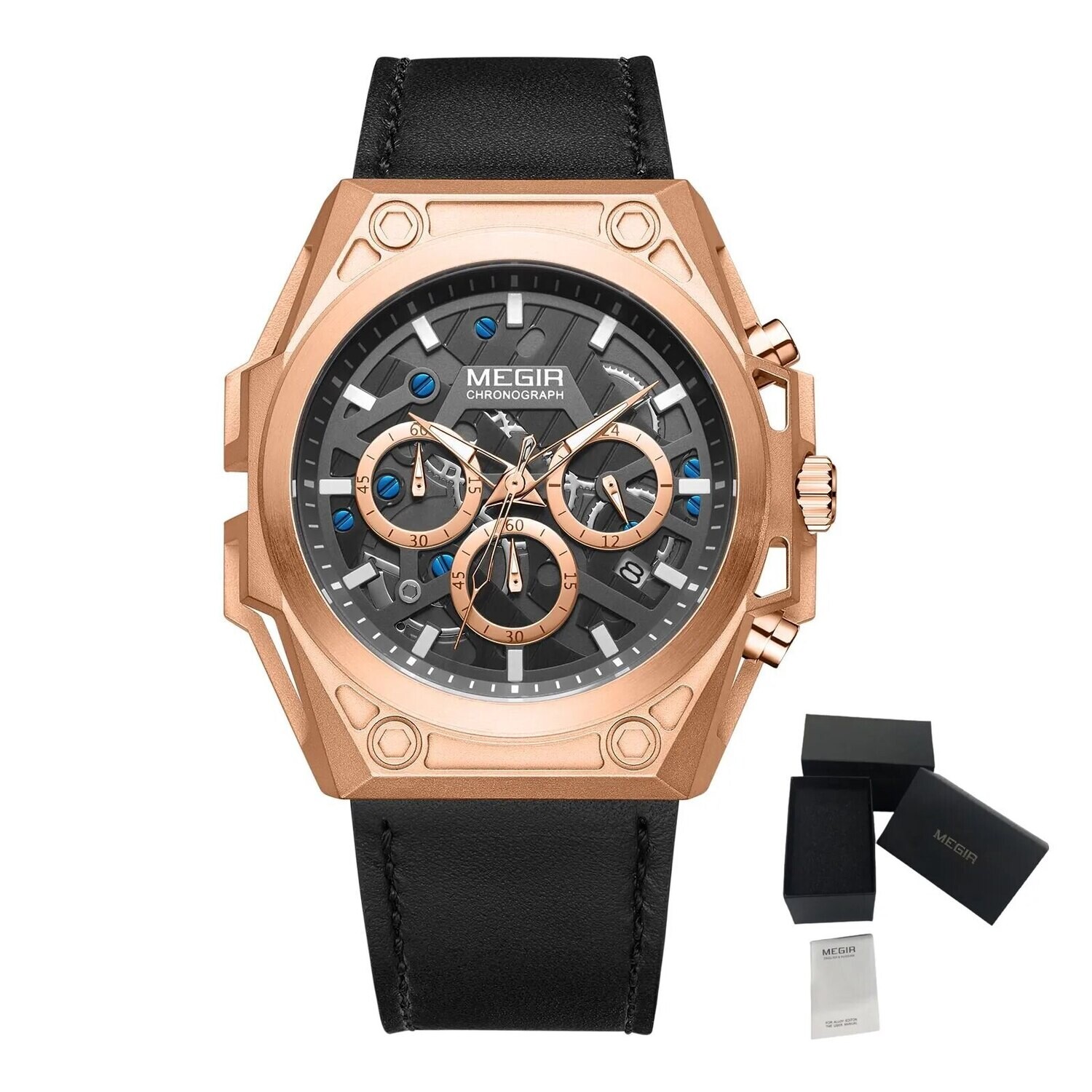 MEGIR Men&#39;s Watches Waterproof Sports Wristwatches Quartz Watch Chronograph Luminous Male Clock Calendar Relogio Masculino, Color: Rose gold(leather)