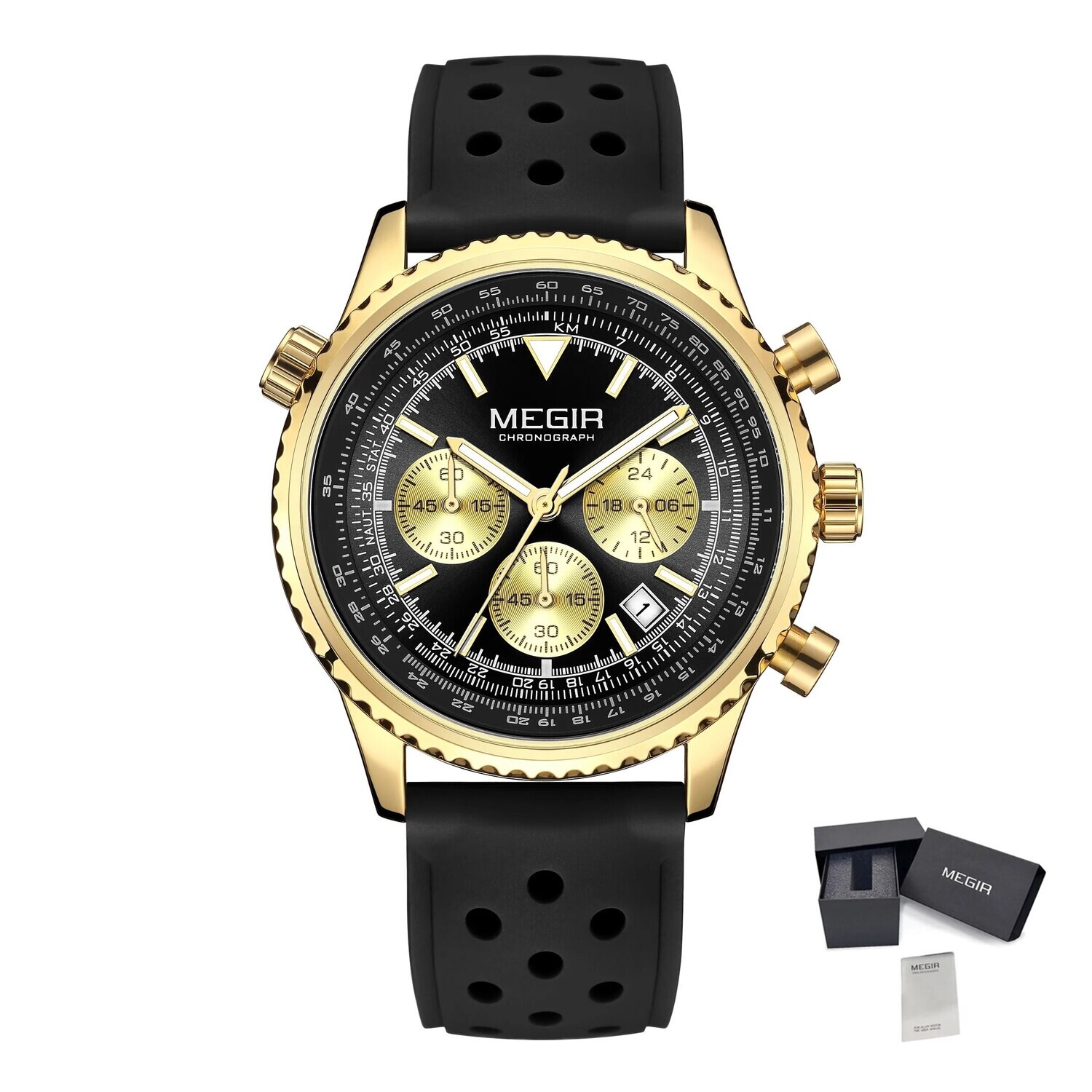 MEGIR Luxury Watches Men Fashion Silicone Band Quartz Military WristWatch Waterproof Big Dial Sport Chronograph with Date Clock, Color: Gold Black