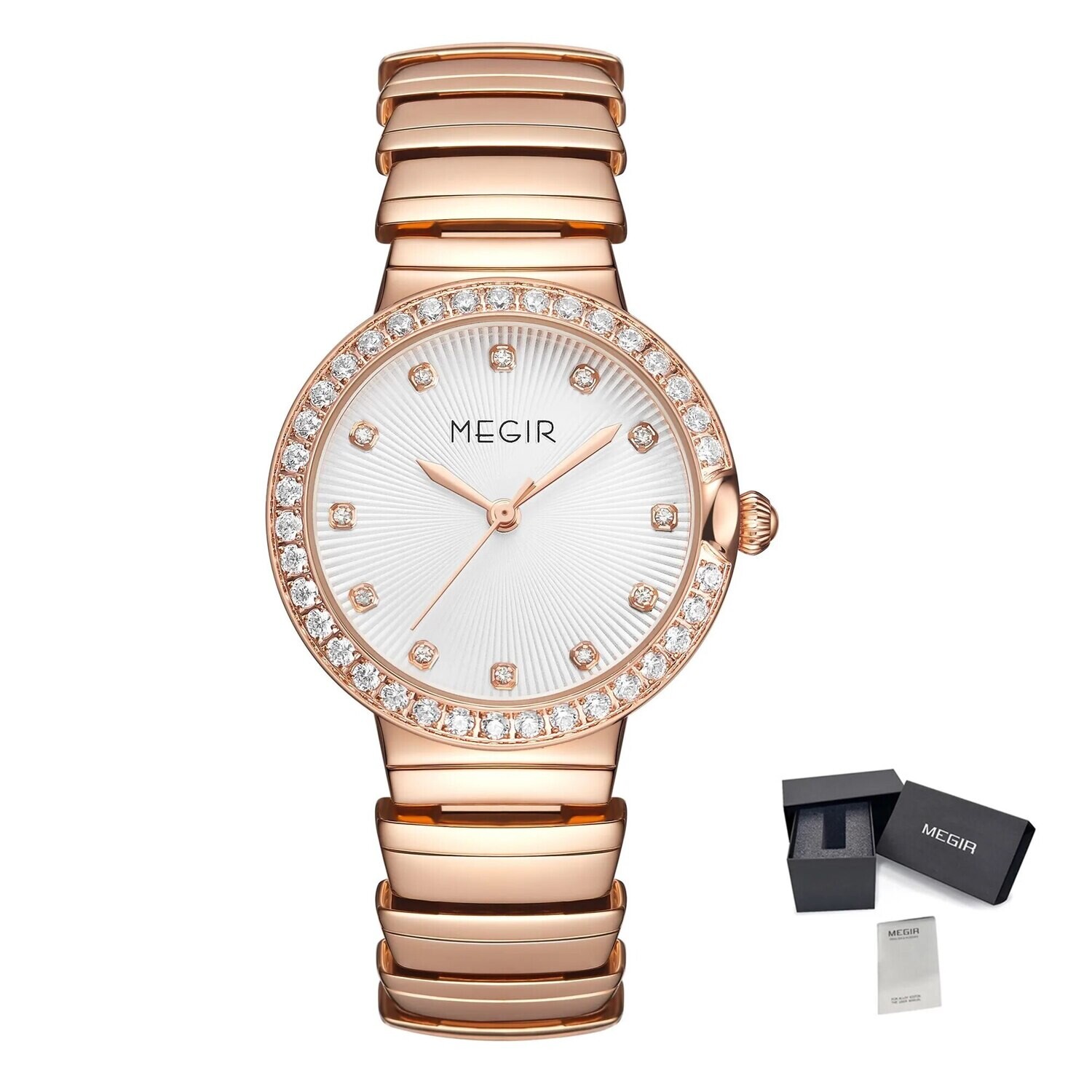 MEGIR Luxury Stainless Steel Strap Watches for Women Fashion Casual Quartz WristWatch Ladies Big Dial Dress Clock Reloj Hombre, Color: Rose