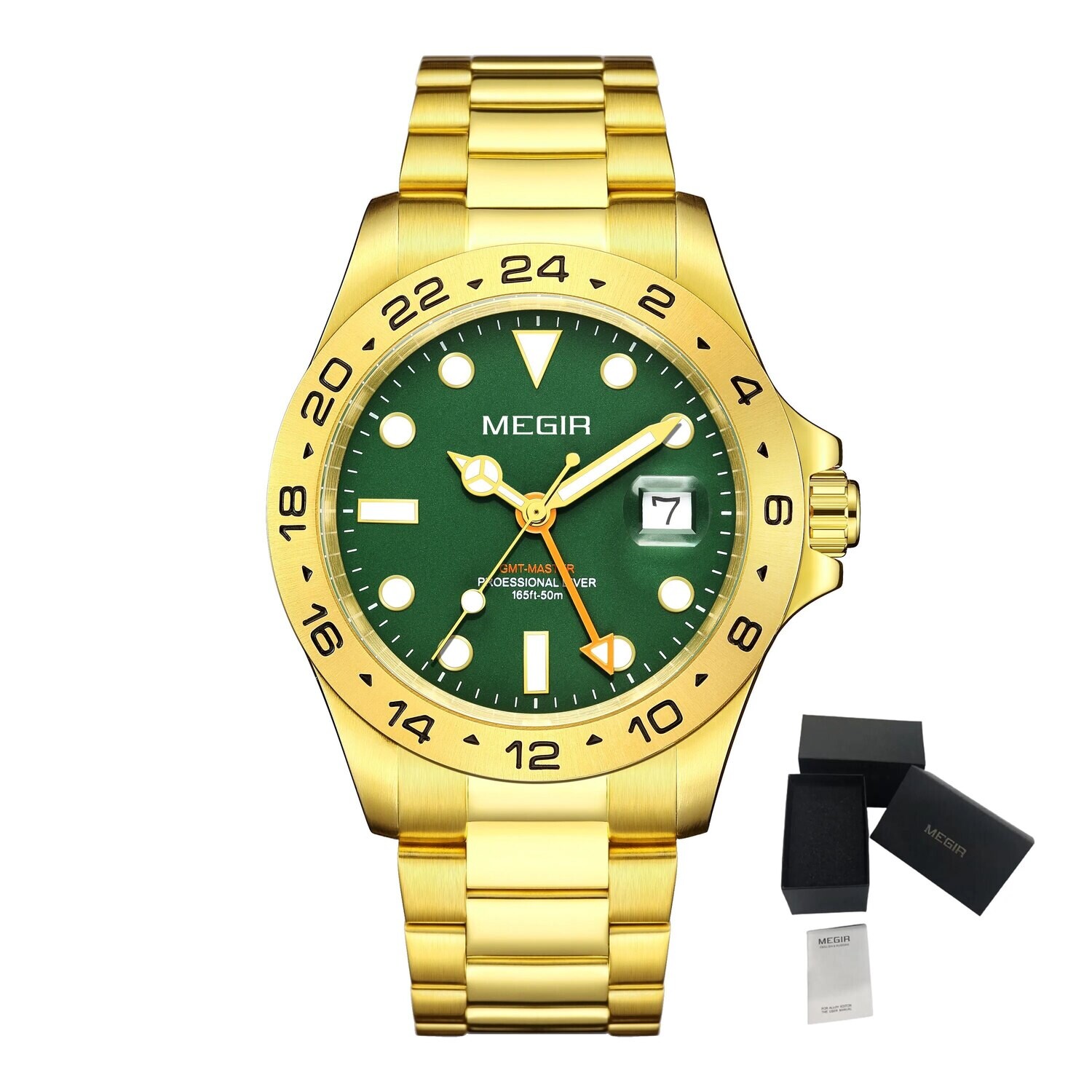 MEGIR Original Luxury Men Analogue Quartz Watch Luminous 5ATM Waterproof Business WristWatch Stainless Steel Clock Montre Homme, Color: Green Gold, Ships From: CHINA