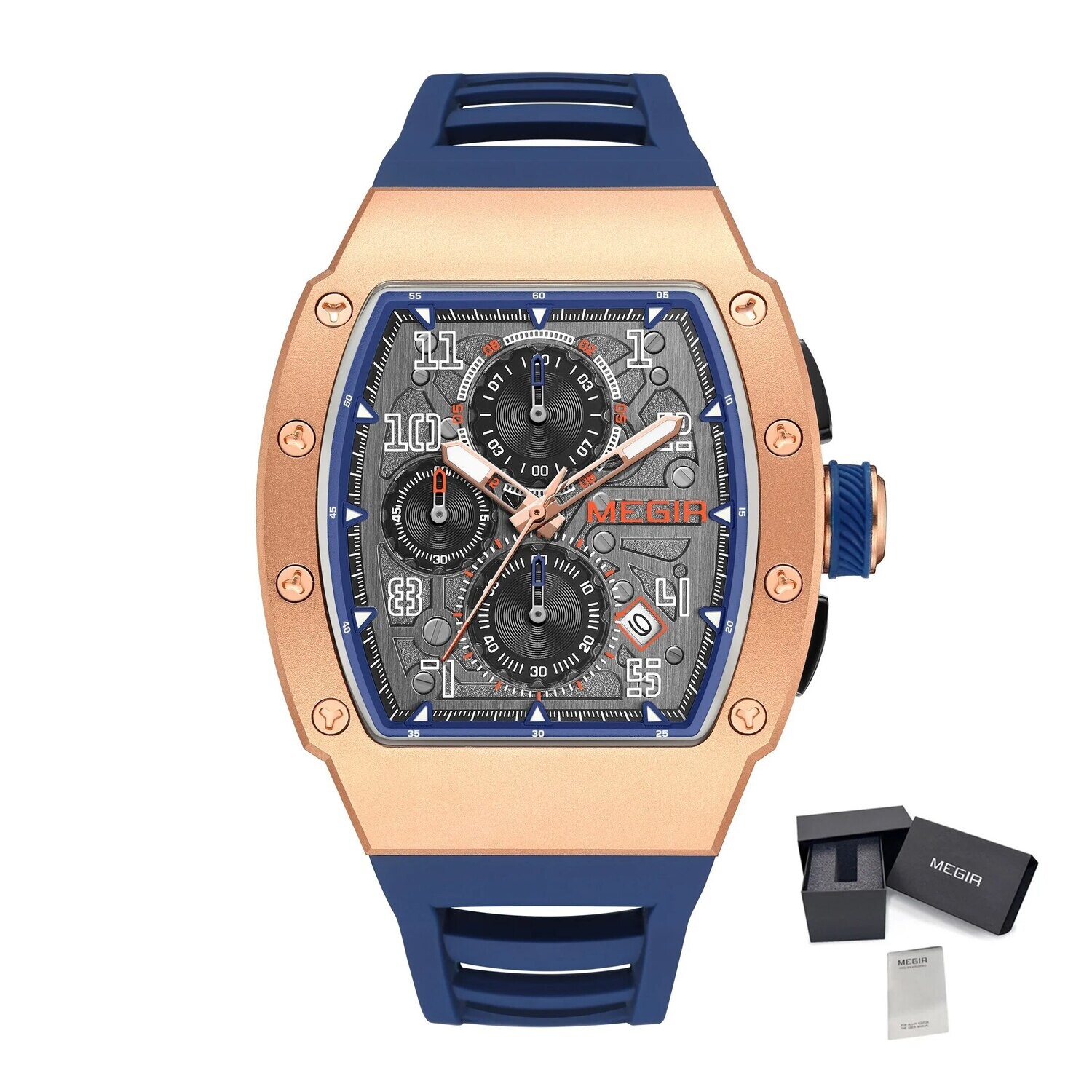 MEGIR Blue Luxury Sport Watch for Men Steel Case Waterproof Luminous Military Quartz Chronograph Big Dial Auto Date Reloj Hombre, Color: Rose Blue