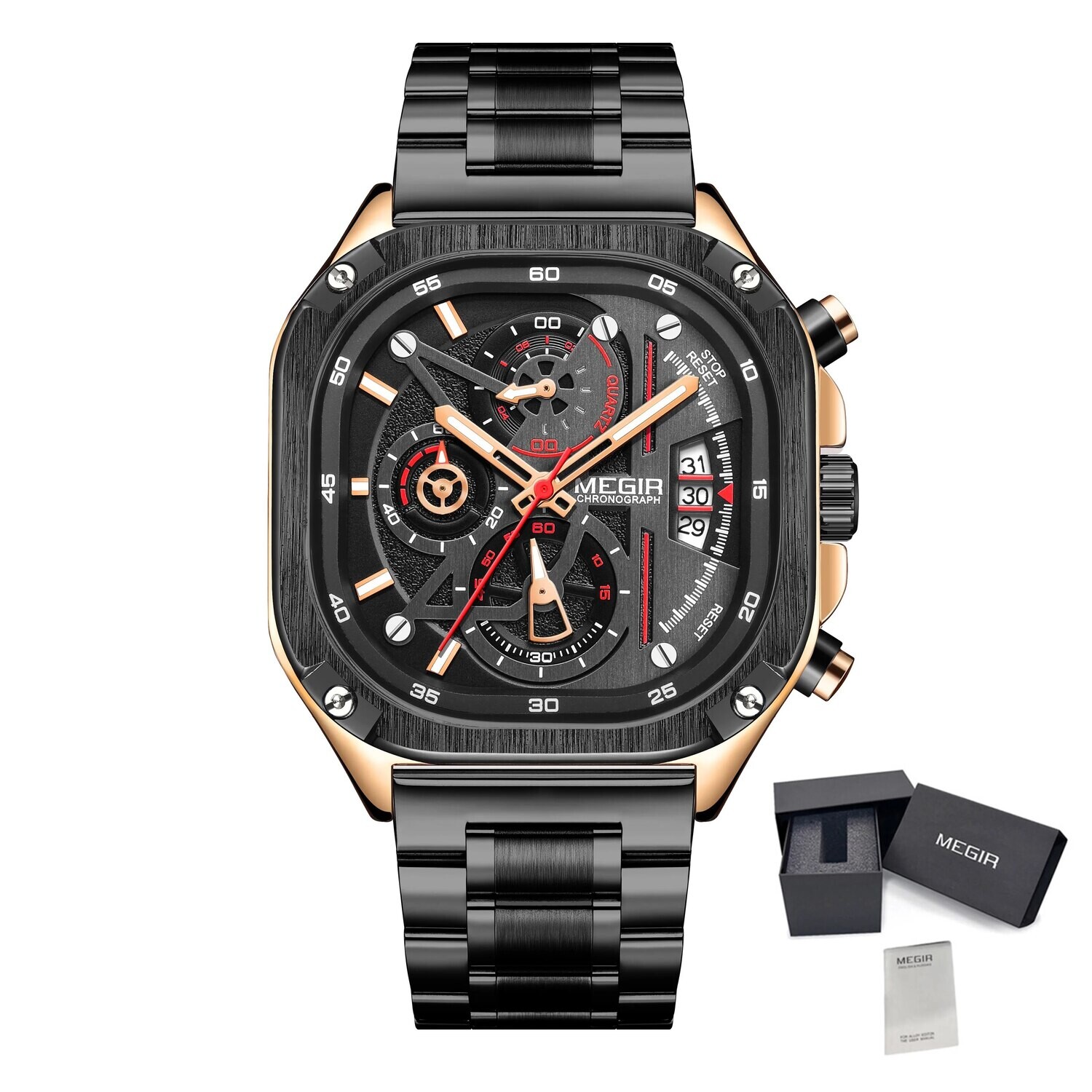 MEGIR Luxury Mens Stainless Steel Watches Fashion Brand Business Quartz Wristwatch Date Luminous Man Chronograph Casual Clock, Color: Rose Black
