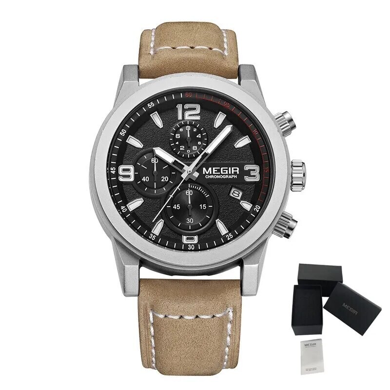 MEGIR Original Brand Luxury Watch Men&#39;s Sport Watches Leather Strap Watch Quartz Wristwatches Luminous Casual Relogio Masculino, Color: Brown Black