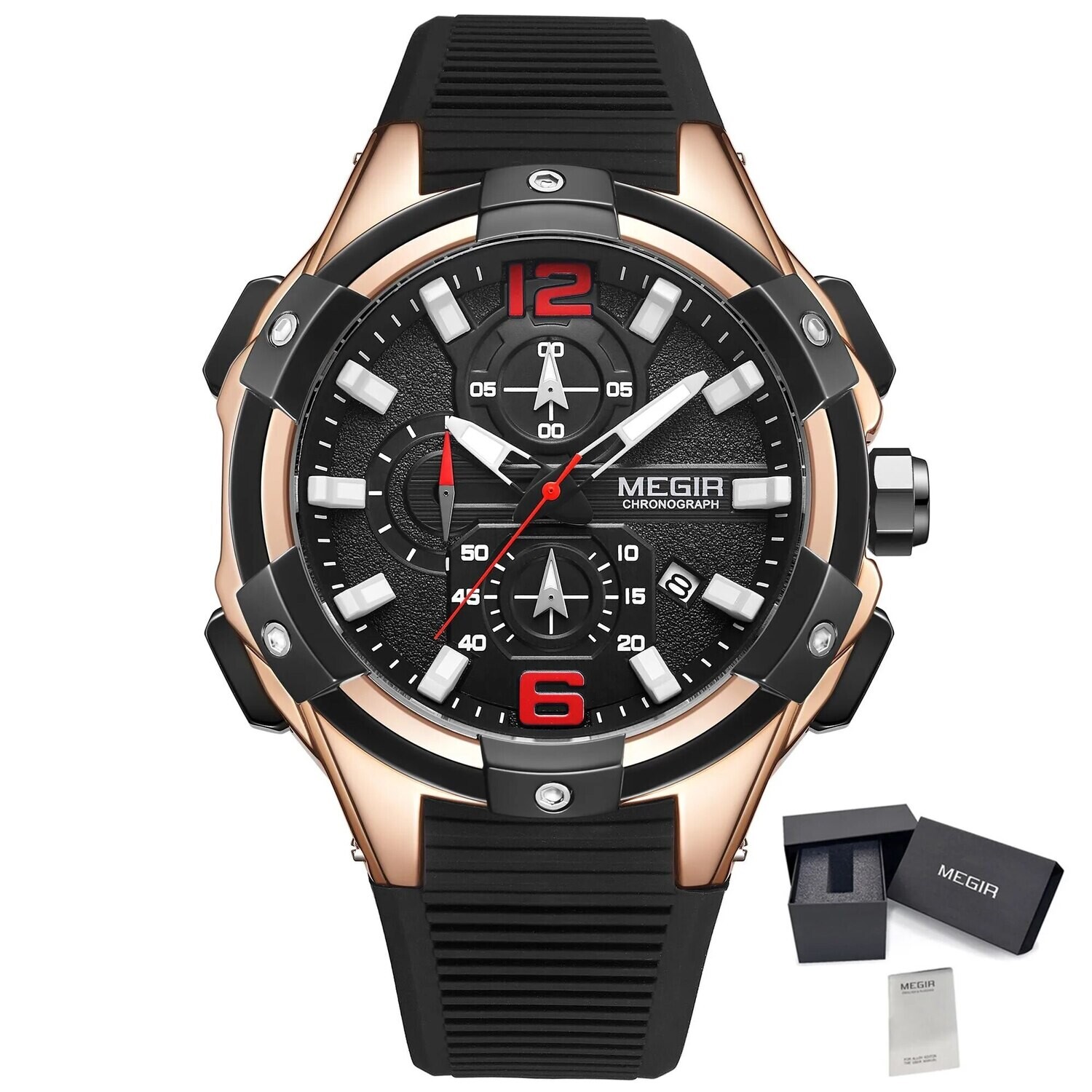 MEGIR Men&#39;s Chronograph Original Top Luxury Sports Military Watches for Men Date Luminous Wristwatches Clock Relogio Masculino, Color: Rose Black