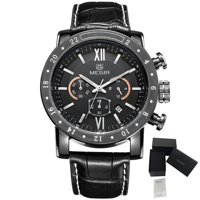 MEGIR Luxury Men&#39;s Business Watches Chronograph Waterproof Stainless Steel Quartz Watch Calendar Male Clock Reloj Hombre 3008, Color: 1 (leather strap)