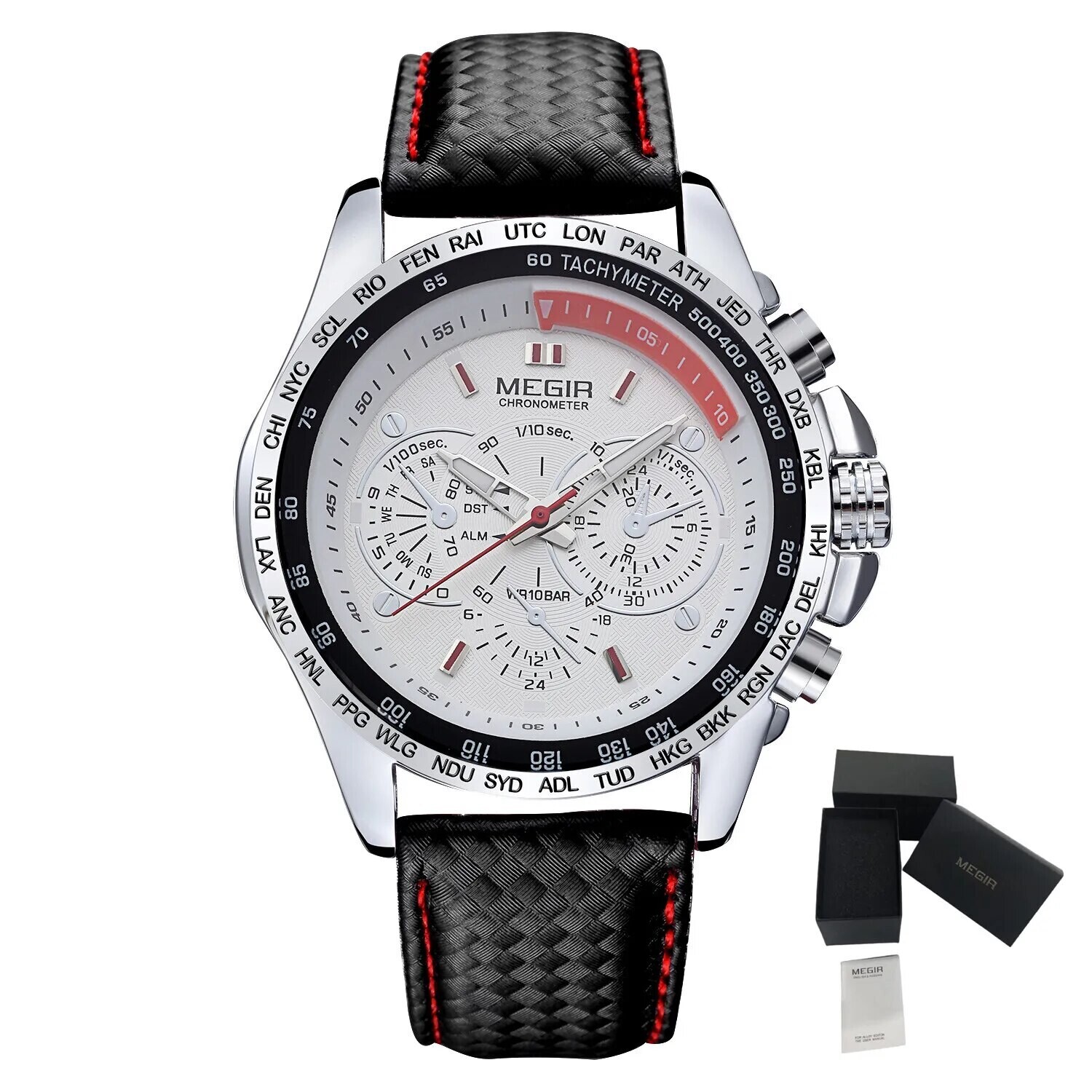 MEGIR Men&#39;s Original Sport Watches Leather Strap Quartz Military Waterproof Wristwatch Male Clock Reloj Hombre, Color: White