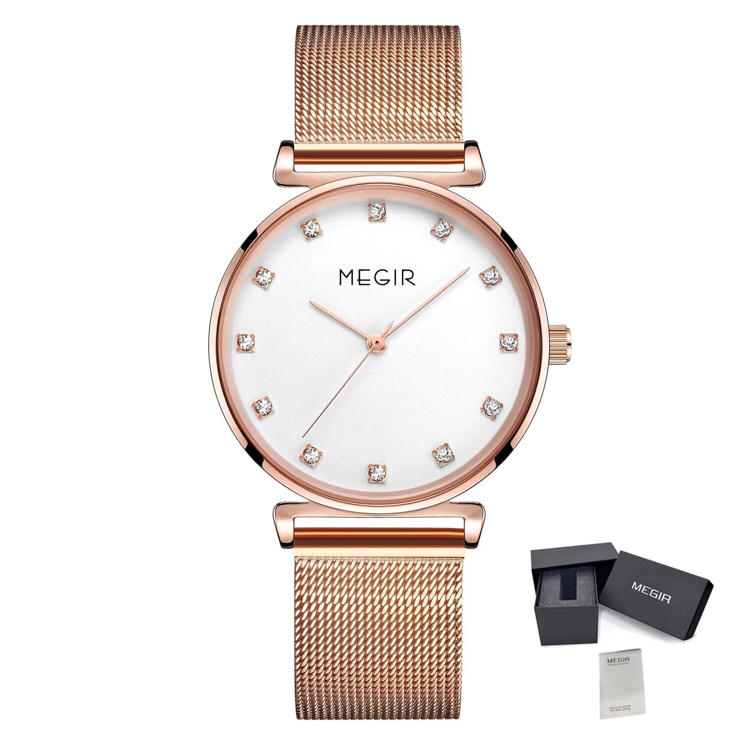 MEGIR Quartz Wristwatches Woman Bracelet Watch Ladies Stainless Steel Mesh Fashion Luxury Waterproof Watches Female Dress Clock, Color: Rose