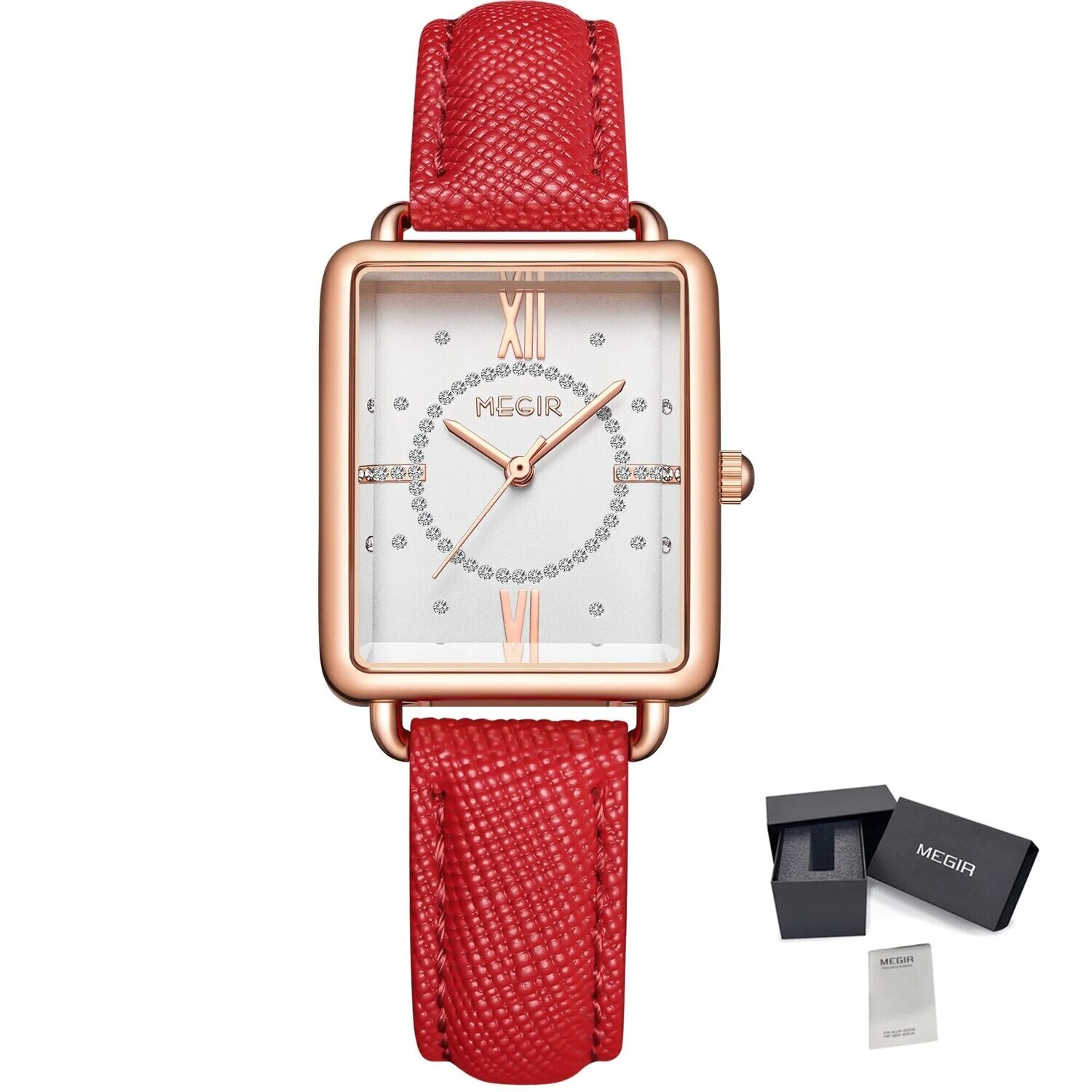 MEGIR Women Watch Luxury Fashion Leather Strap Ladies Quartz Wristwatch Casual Sport Wrist Watches Dress Clock Relogio Feminino, Color: Red