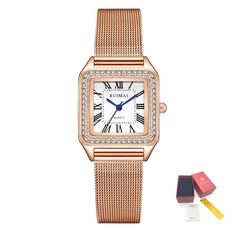 RUIMAS Fashion Stainless Steel Mesh Women Bracelet Watches Luxury Square Ladies Quartz Casual Wristwatches Female Dress Clock, Color: Rose
