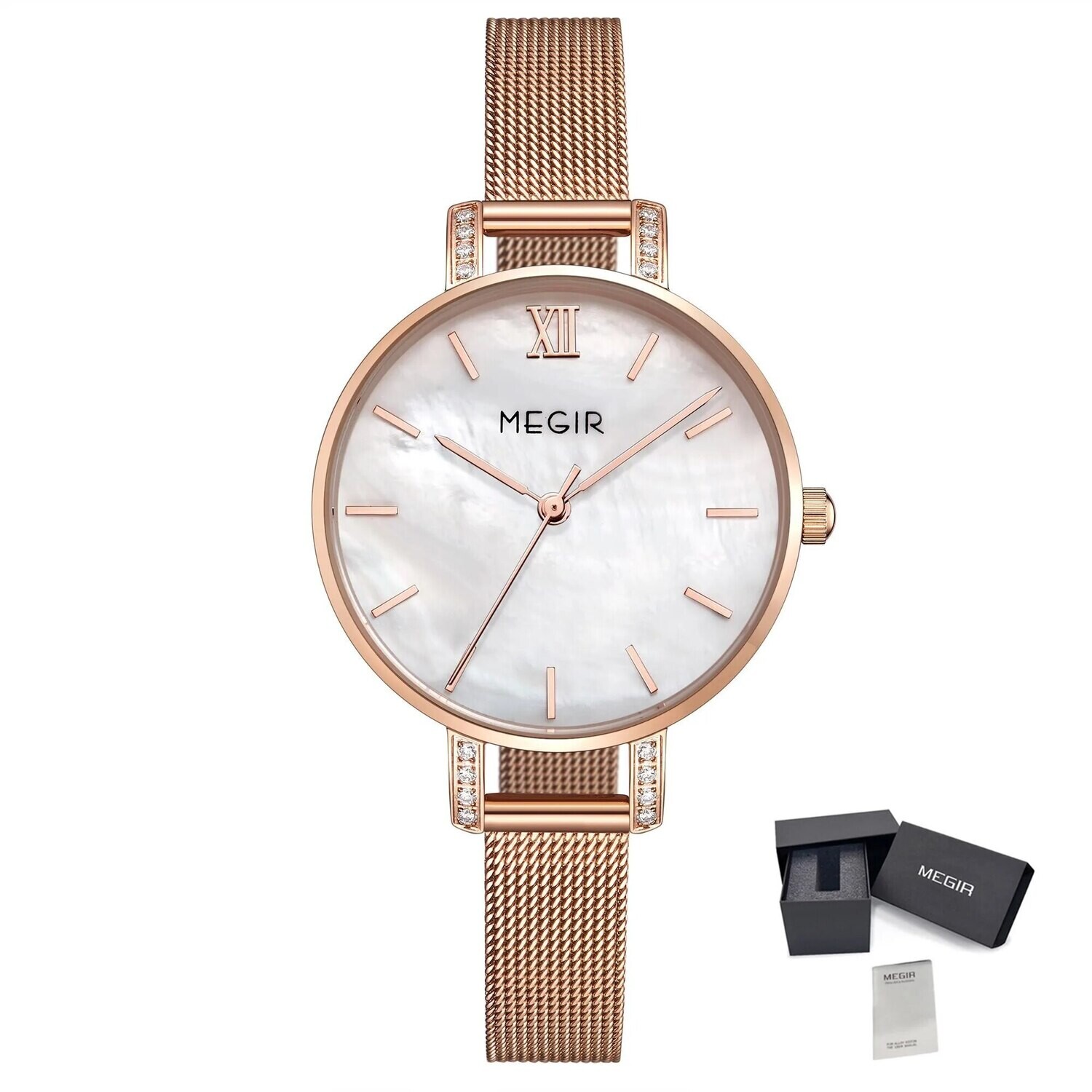 MEGIR Fashion Quartz Women Bracelet Watches Luxury Casual Ladies Dress Clock Female Steel Mesh Band Wristwatch Relogio Feminino, Color: White Rose