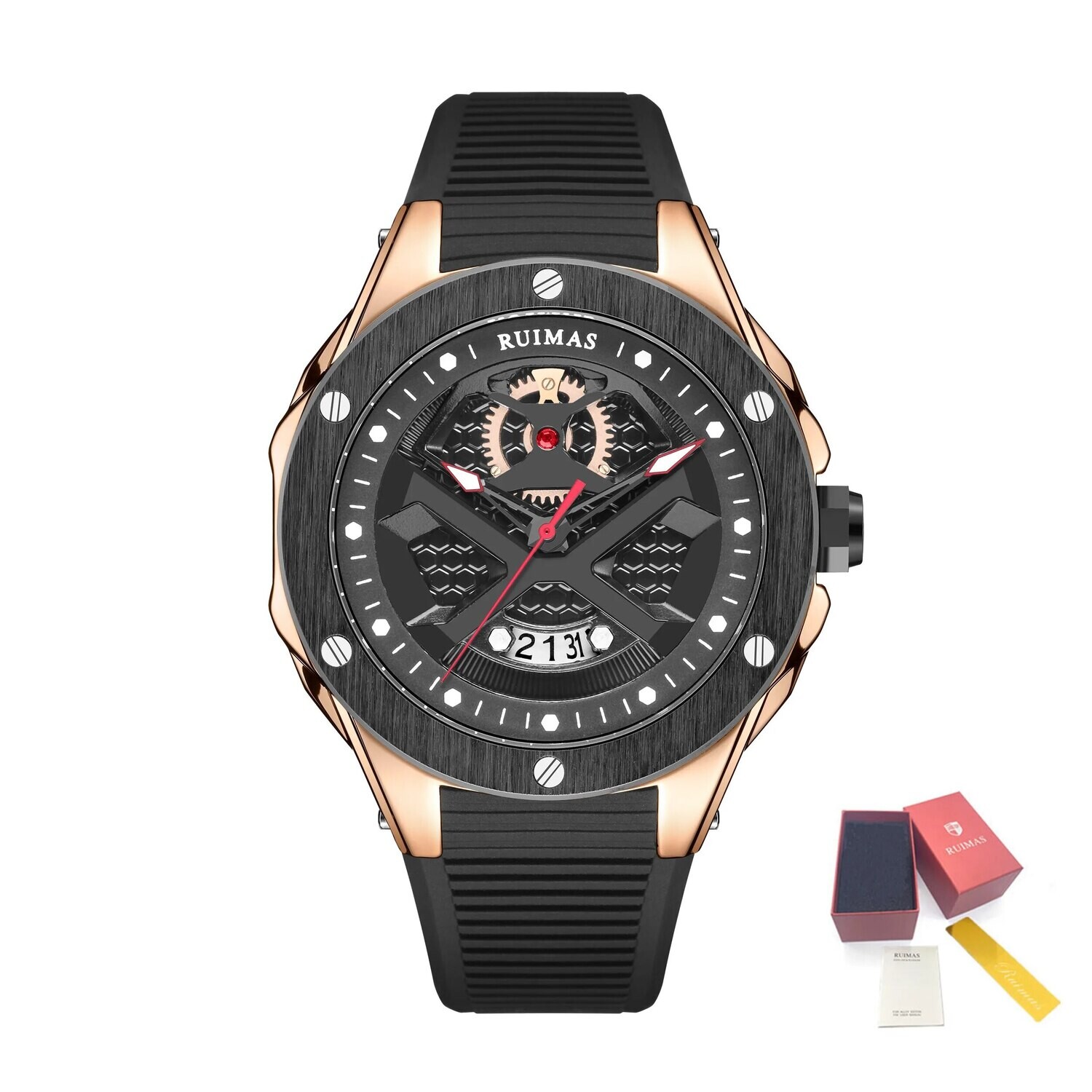 RUIMAS Brand Fashion Sport Watches for Men Quartz Silicone Band Wrist Watch Date Waterproof Wristwatches Clock Relogio Masculino, Color: Rose Black