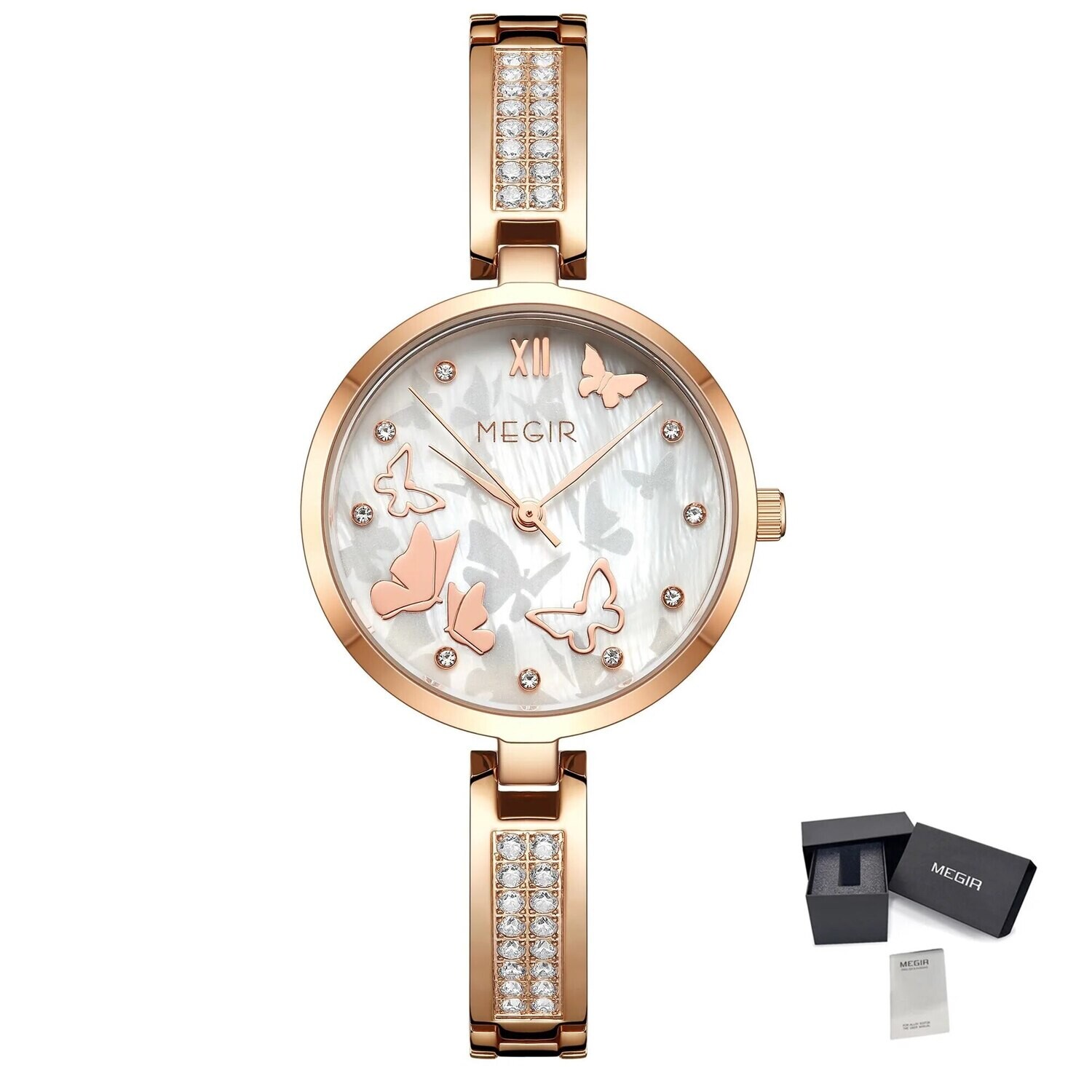 MEGIR Watch for Women Luxury Diamond Ladies Quartz Wristwatches Steel Women Bracelet Watches Female Dress Clock Relogio Feminino, Color: Rose Gold