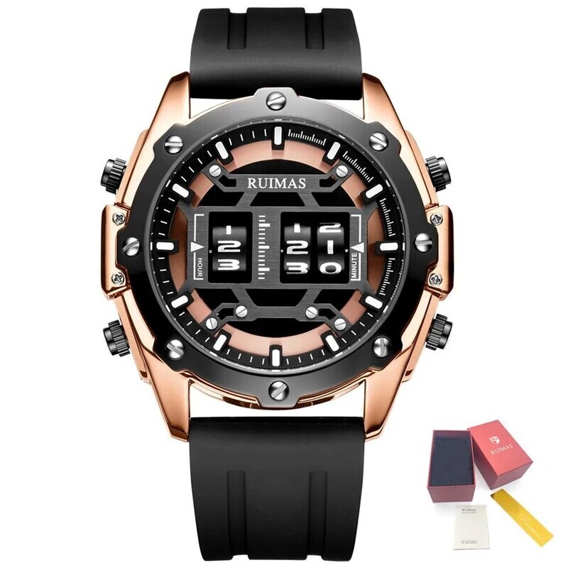 RUIMAS Mens Watches Roller Pointer Sports Quartz WristWatch Fashion  Luxury Silicone Strap Waterproof Relogio Masculino, Color: Rose Black