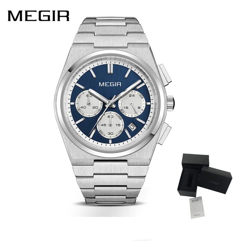 MEGIR Men&#39;s Business Watches Original Analogue Quartz Wrist Watch Luminous 5ATM Waterproof Steel Large Dial Clock Reloj Hombre, Color: Blue, Ships From: CHINA