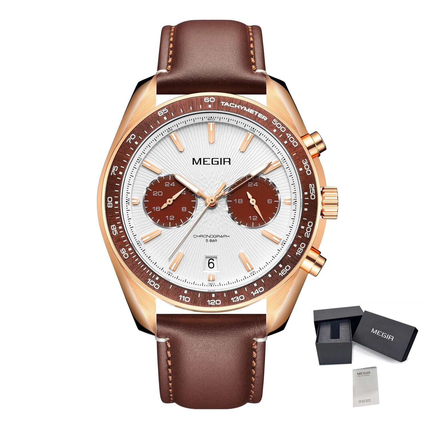 MEGIR Fashion Quartz Watch for Men Top Brand Luxury Sport Military Wristwatch Leather Strap Date Casual Clock Reloj Hombre 8407, Color: Rose Brown