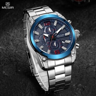 MEGIR Original Luxury Men Chronograph Stainless Steel Wristwatch Waterproof Luminous Quartz Watch Clock Calendar Reloj Hombre