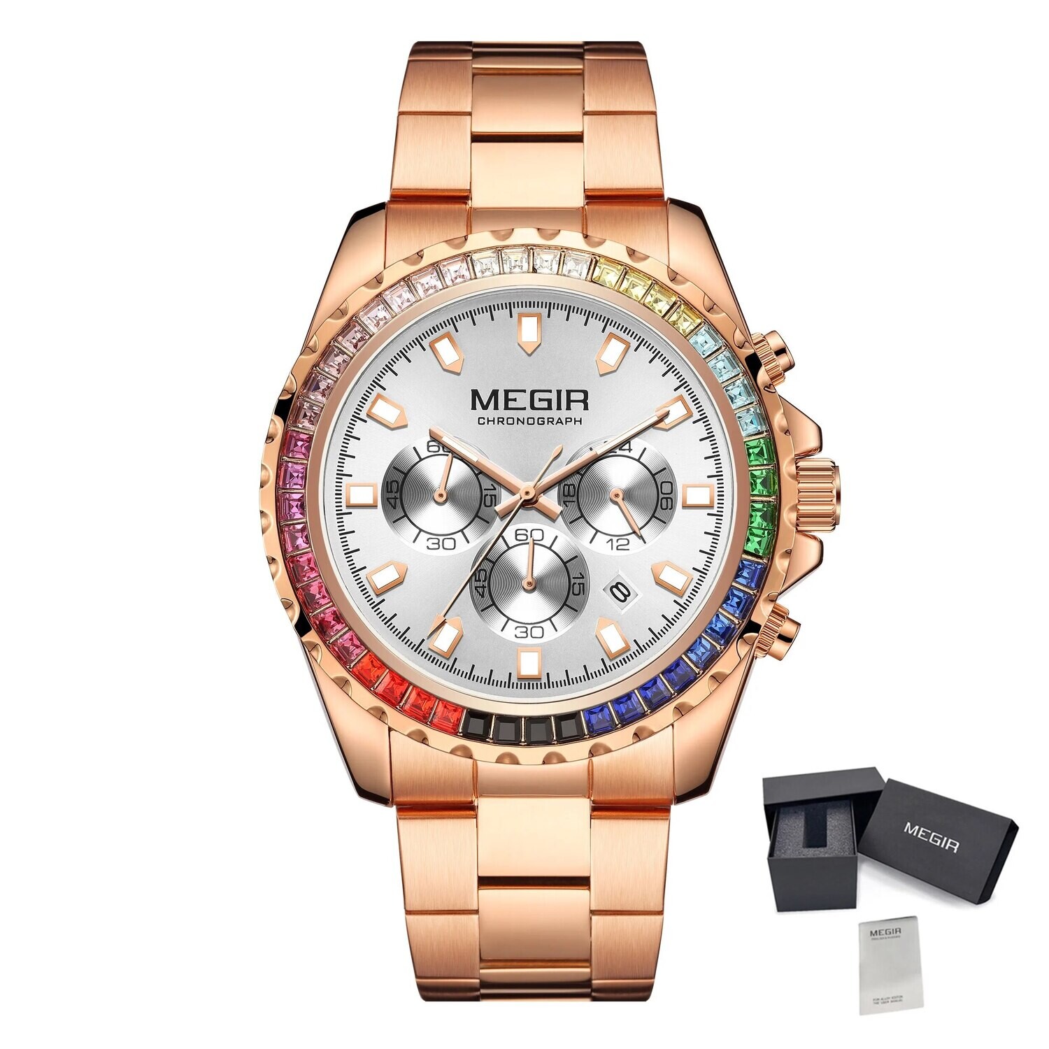 MEGIR Men Watches Brand Luxury Military Wristwatch Waterproof Steel Strap Quartz Chronograph Date Clock Male Relogio Masculino, Color: Rose