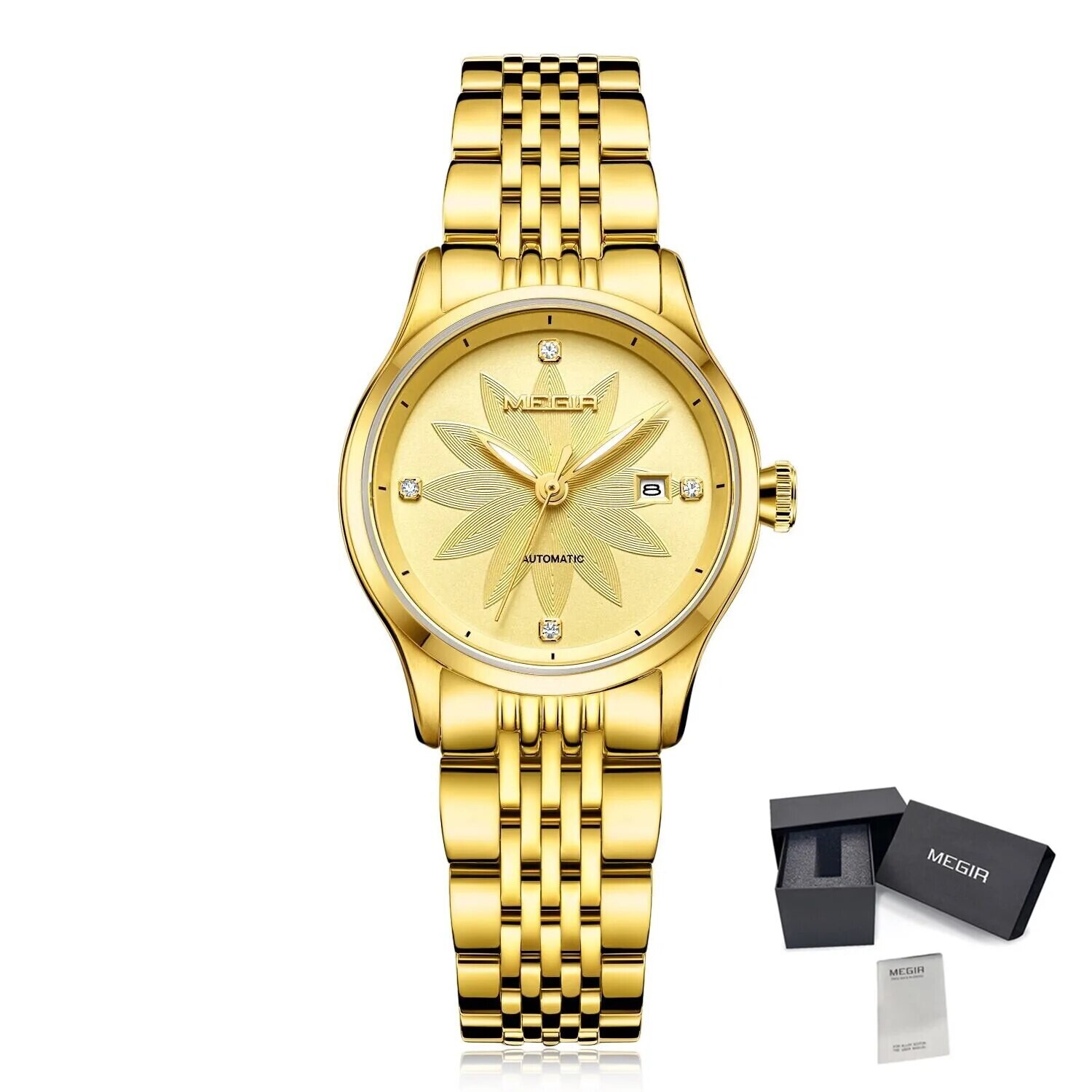 MEGIR Fashion Business Casual Watch for Women Sapphire Automatic Mechanical Wrist Watch Ladies Stainless Steel Female Date Clock, Color: Gold