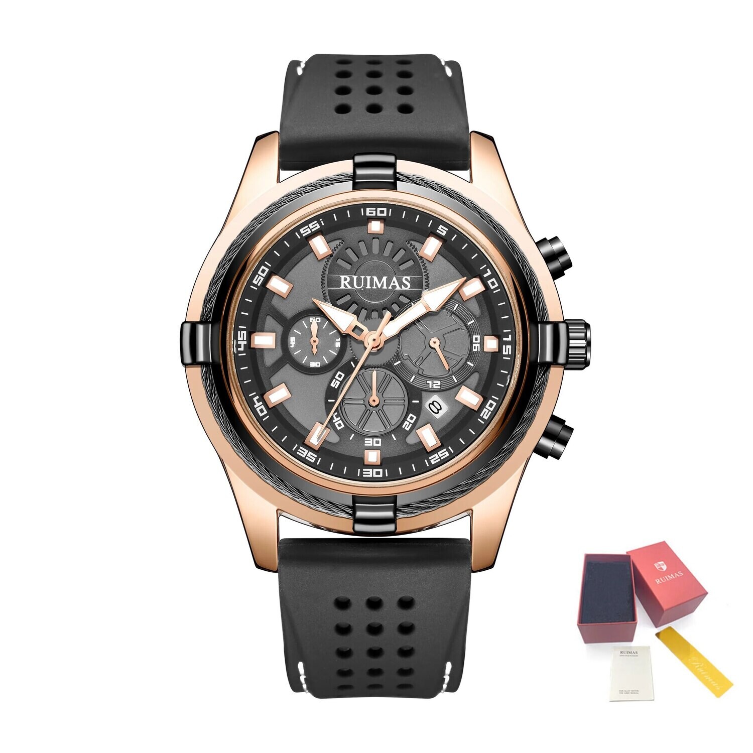 RUIMAS Top Luxury Quartz Wristwatches Men Silicone Large Dial  Military Sports Watches Waterproof Luminous Date Reloj Hombre, Color: Rose Black