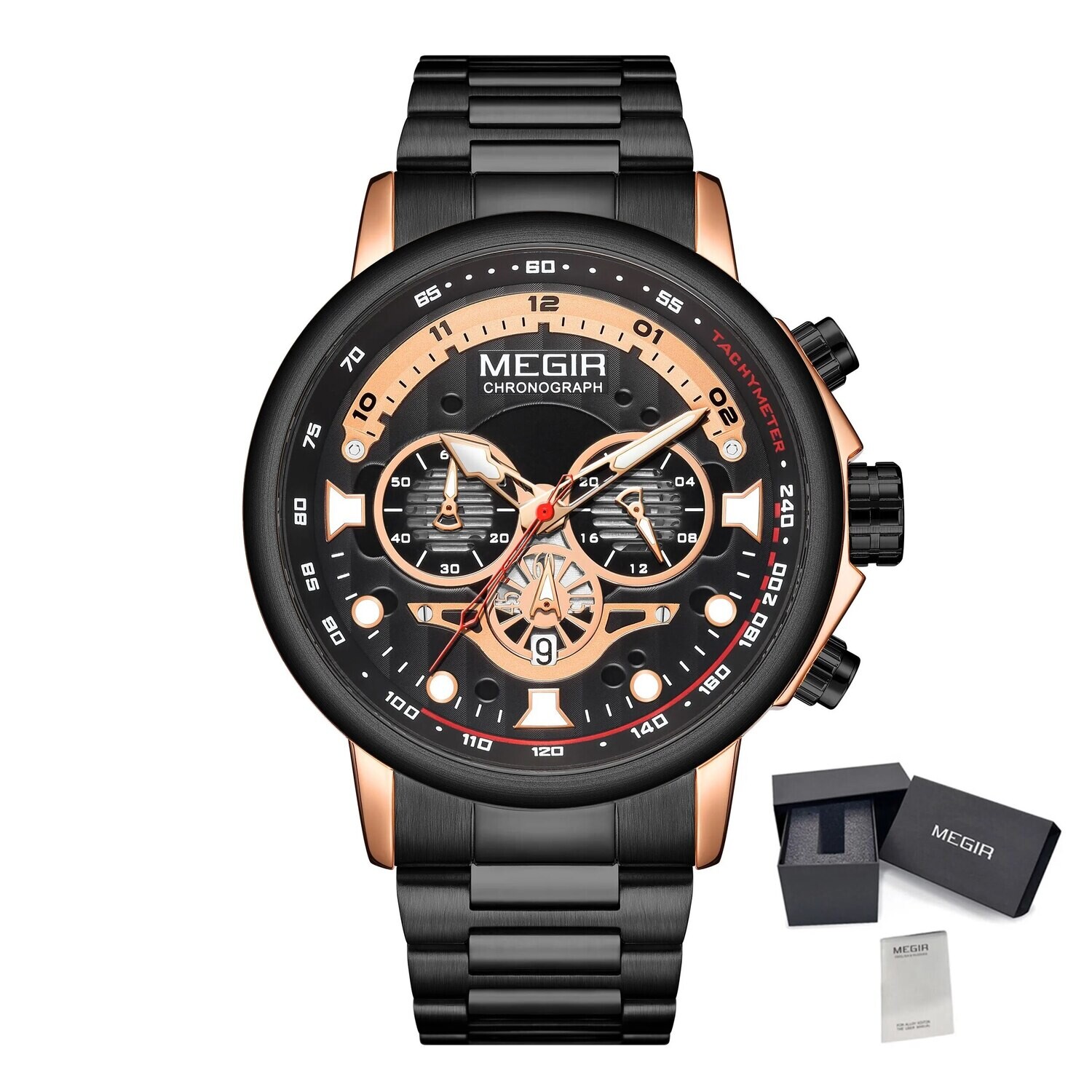MEGIR Luxury Men Watches Stainless Steel Quartz Wristwatches Fashion Men Business Watch Clock Male Chronograph Relogio Masculino, Color: Rose Black