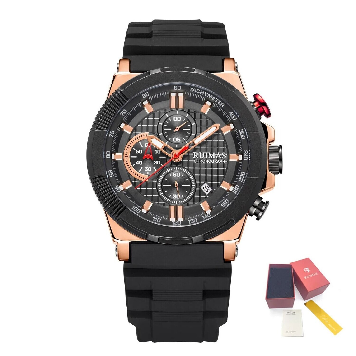 RUIMAS Relogio Masculino Luxury Mens Watches Silicone Strap Quartz Sports Wristwatch Luminous Hands Clock Chronograph Auto Date, Color: Rose Black