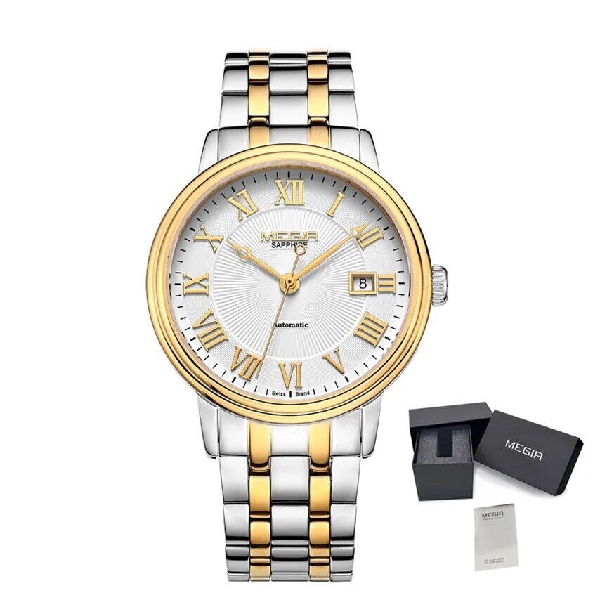 MEGIR Automatic Mechanical Watch Men Stainless Steel Watches Top Brand Luxury Business Wristwatch Male Clock Relogio Masculino, Color: Gold Silver