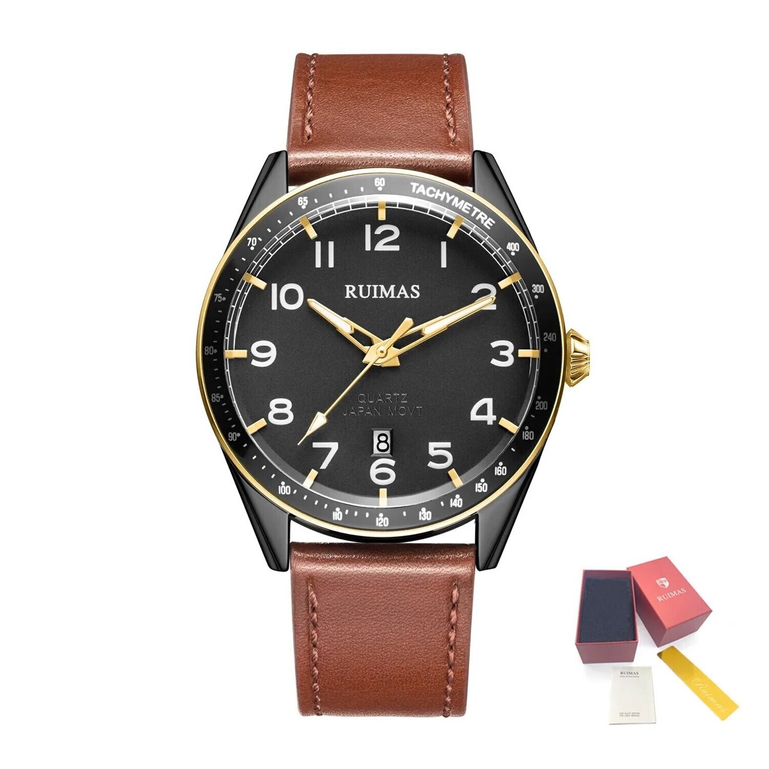 RUIMAS Men Quartz Watches Luxury Leather Sports Quartz Wristwatches Waterproof Luminous Casual Clock Auto Date Relogio Masculino, Color: Black Brown
