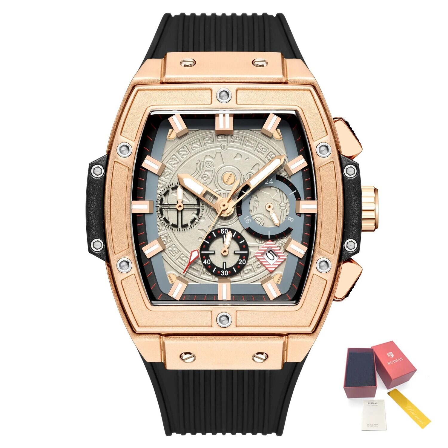 RUIMAS Watch for Men Fashion Luxury Sport Military Watches Silicone Strap Waterproof Quartz Casual Wristwatch Clock Montre Homme, Color: Rose Black