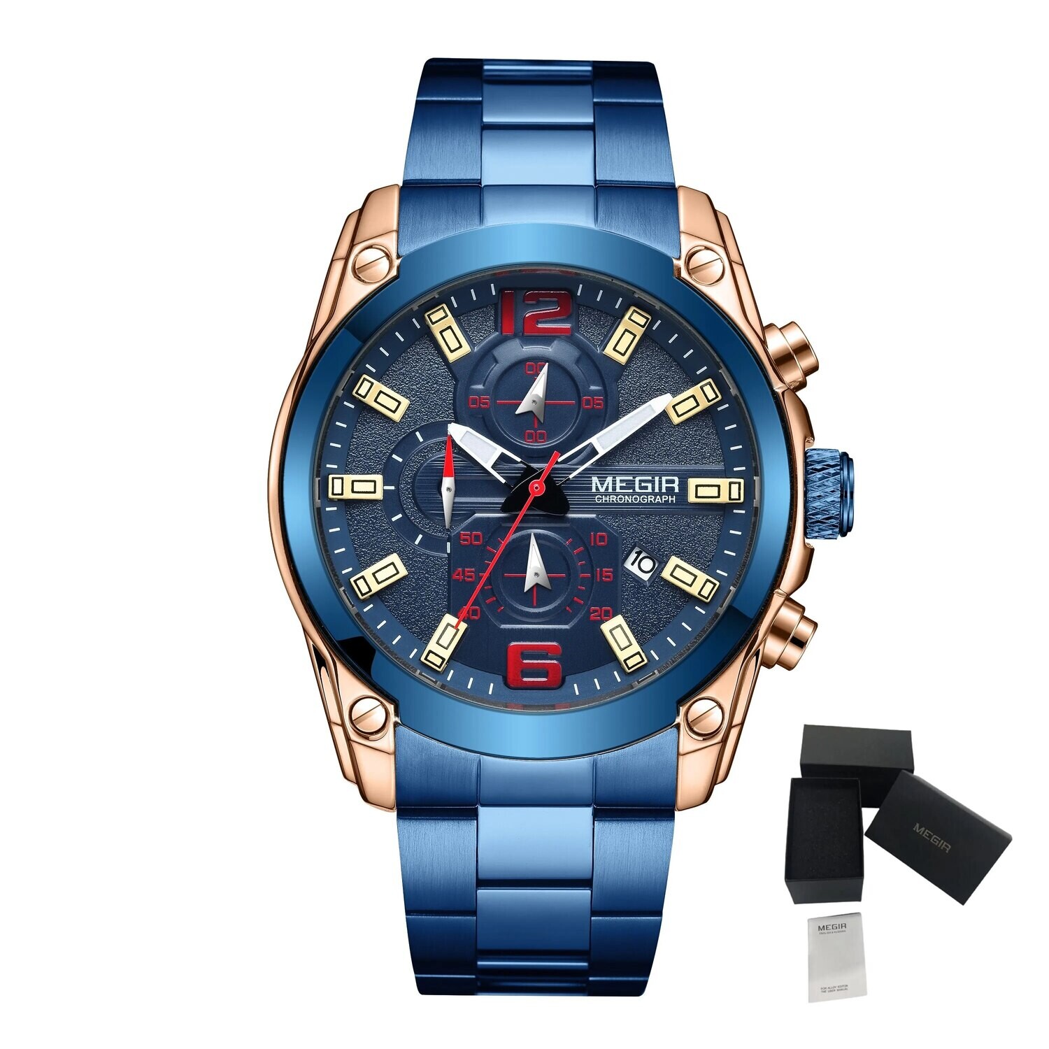 MEGIR Original Luxury Men Chronograph Stainless Steel Wristwatch Waterproof Luminous Quartz Watch Clock Calendar Reloj Hombre, Color: Rose Blue