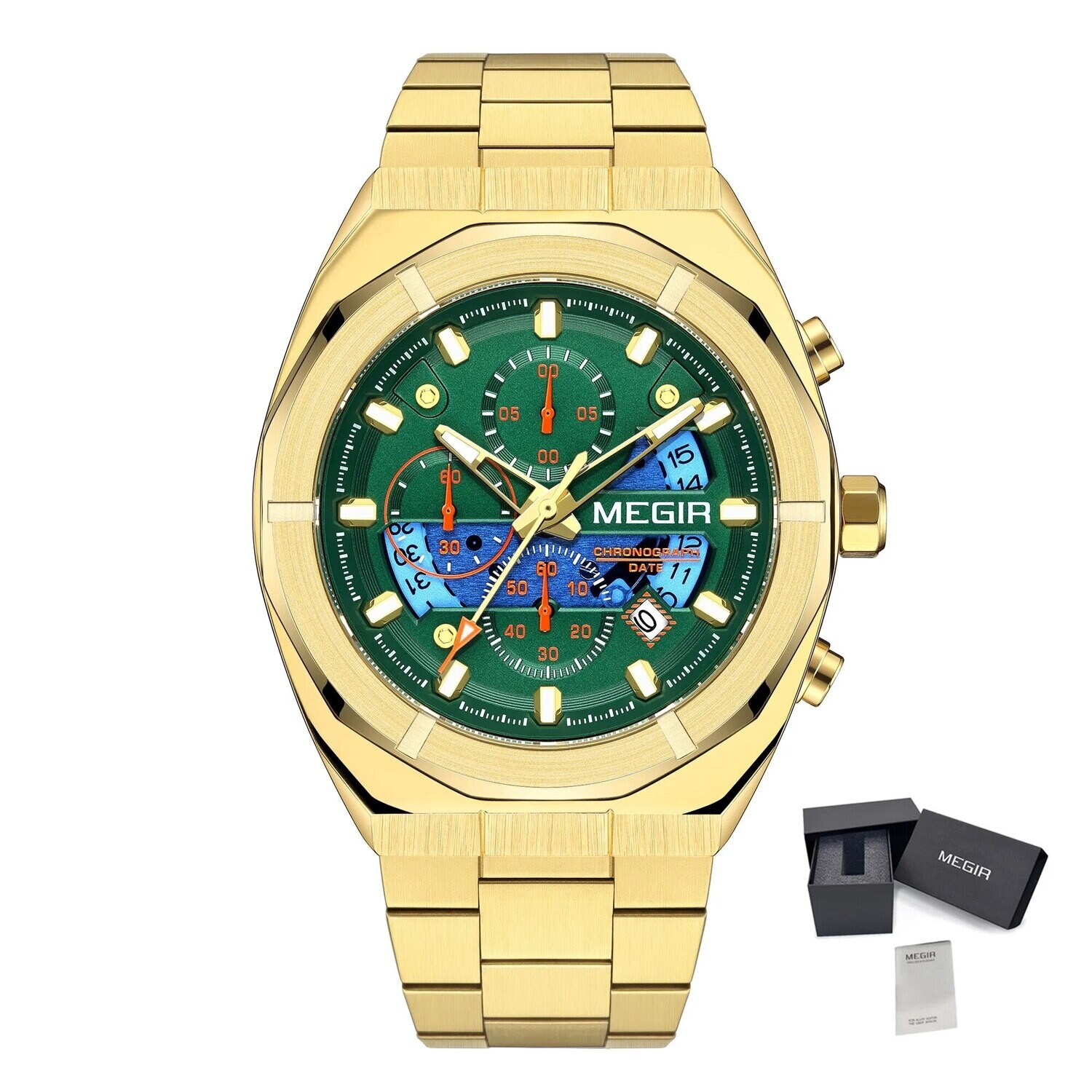 MEGIR New Watch for Men Top Brand Luxury Casual Quartz Wristwatch with Chronograph Waterproof Luminous Auto Date Reloj Hombre, Color: Gold