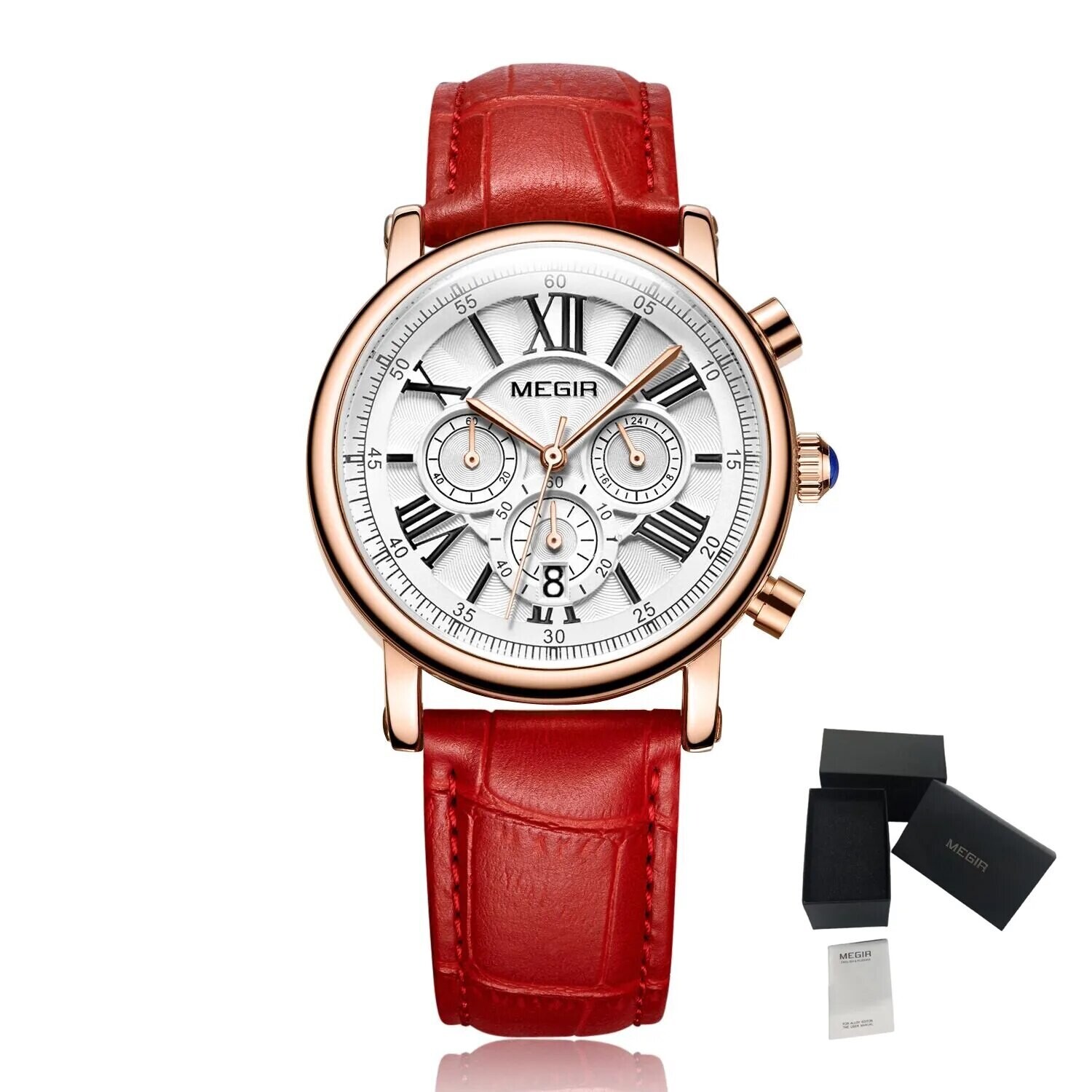 MEGIR Top Brand Quartz Watch for Women Leather Strap Ladies Casual Sport Wristwatch Luxury Waterproof Watches Clock 2058, Color: Red